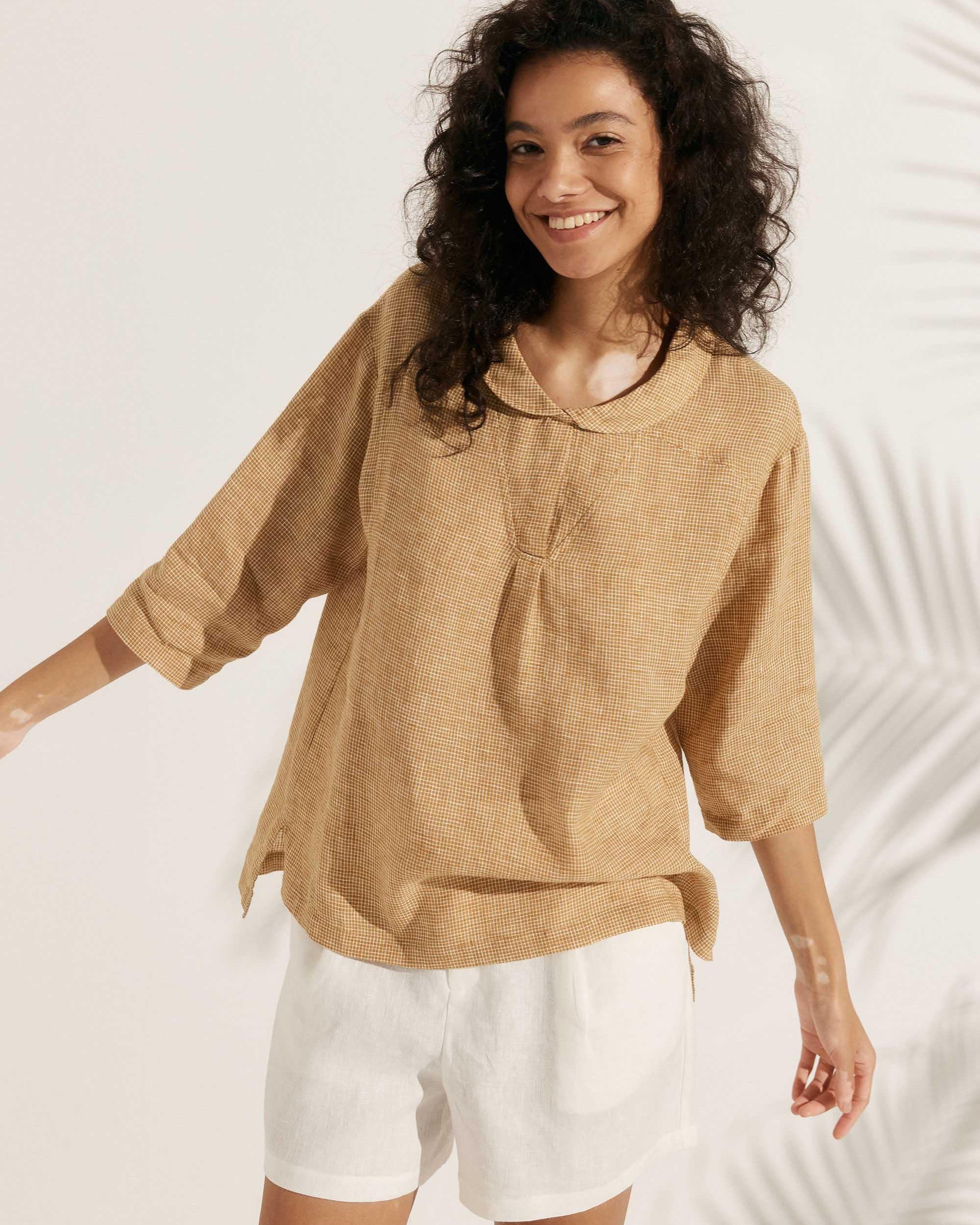 JADE 100% Linen Shawl V-Neck Half Sleeve Top - TOPS-Linen Blouses