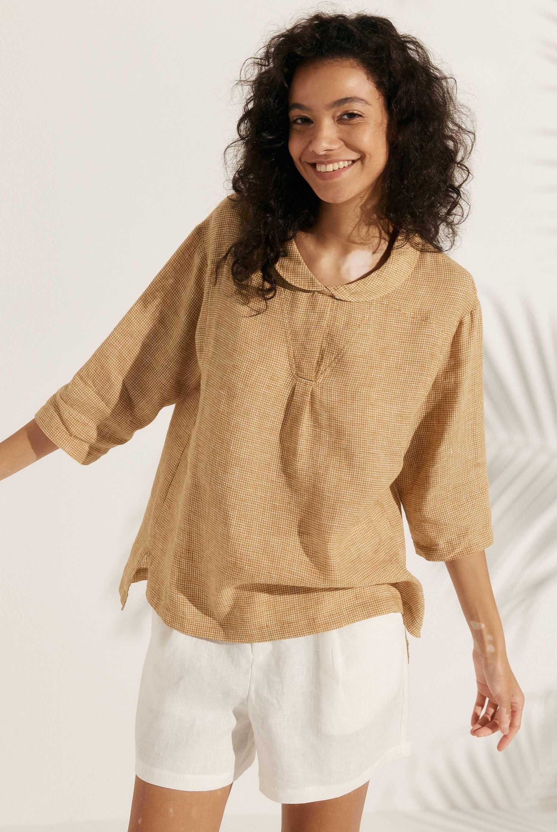 JADE 100% Linen Shawl V-Neck Half Sleeve Top - TOPS-Linen Blouses