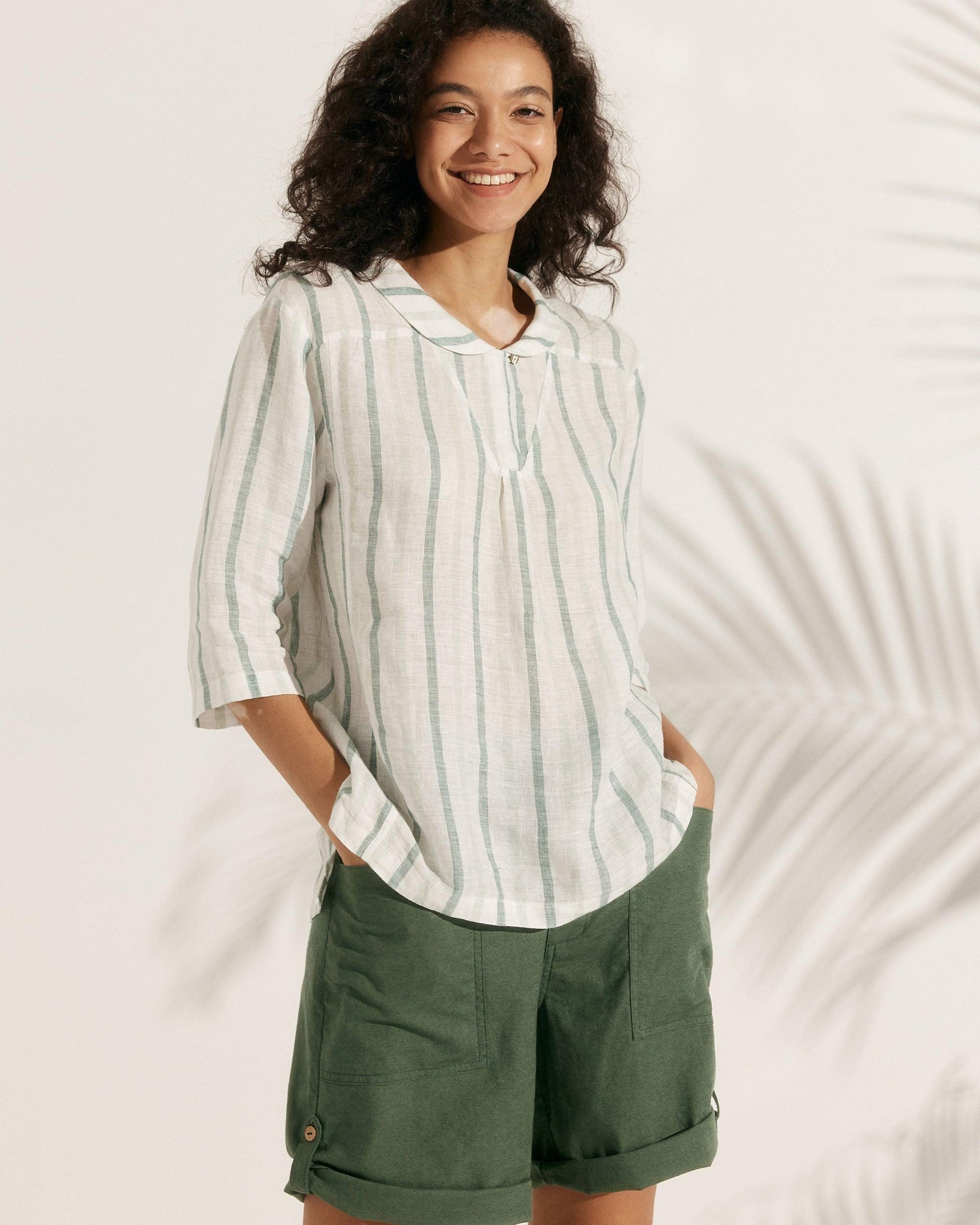 100% Linen Stripe Shawl V-Neck Half Sleeve Top - Forest Green / S - TOPS-Linen Blouses