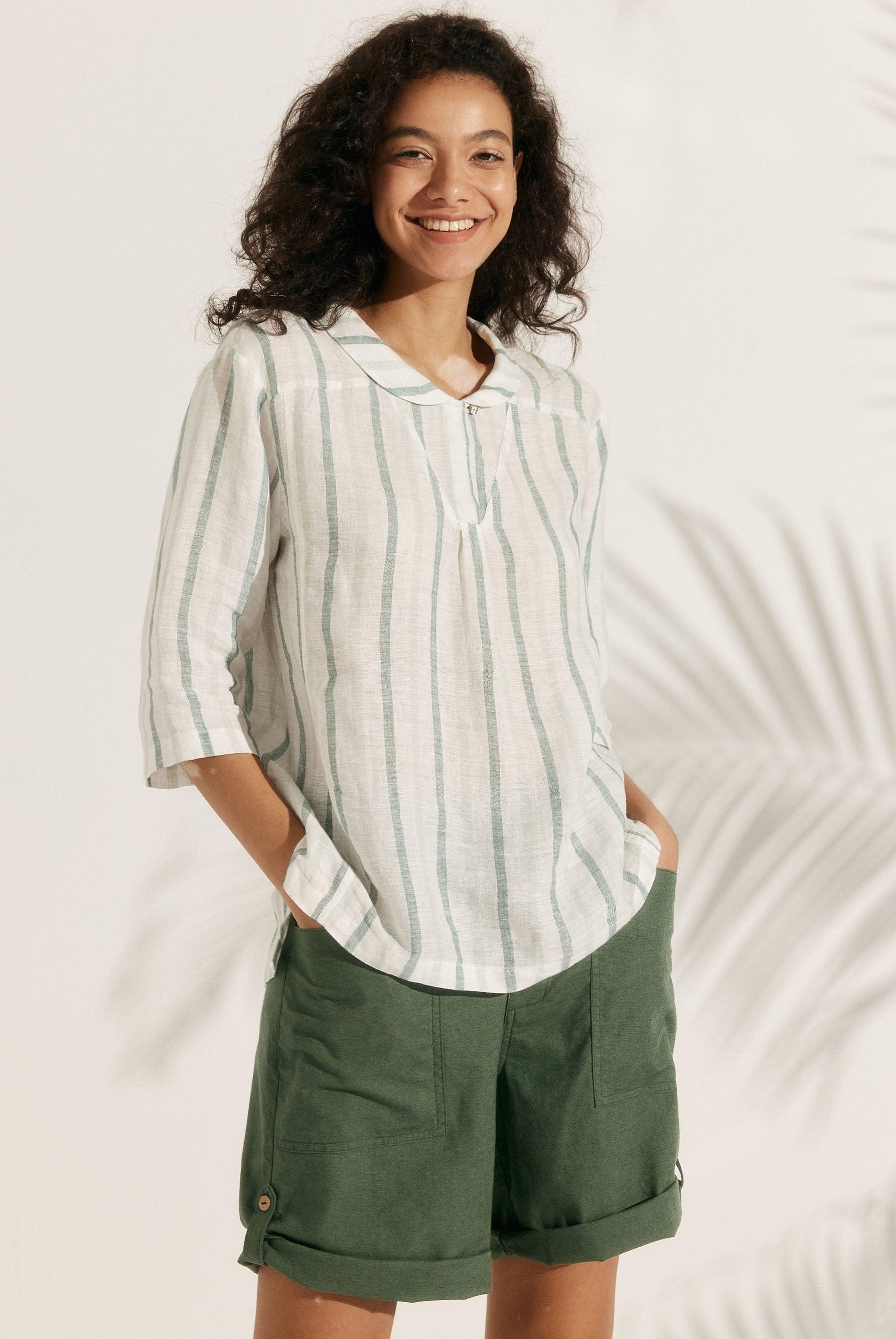 100% Linen Stripe Shawl V-Neck Half Sleeve Top - Forest Green / S - TOPS-Linen Blouses