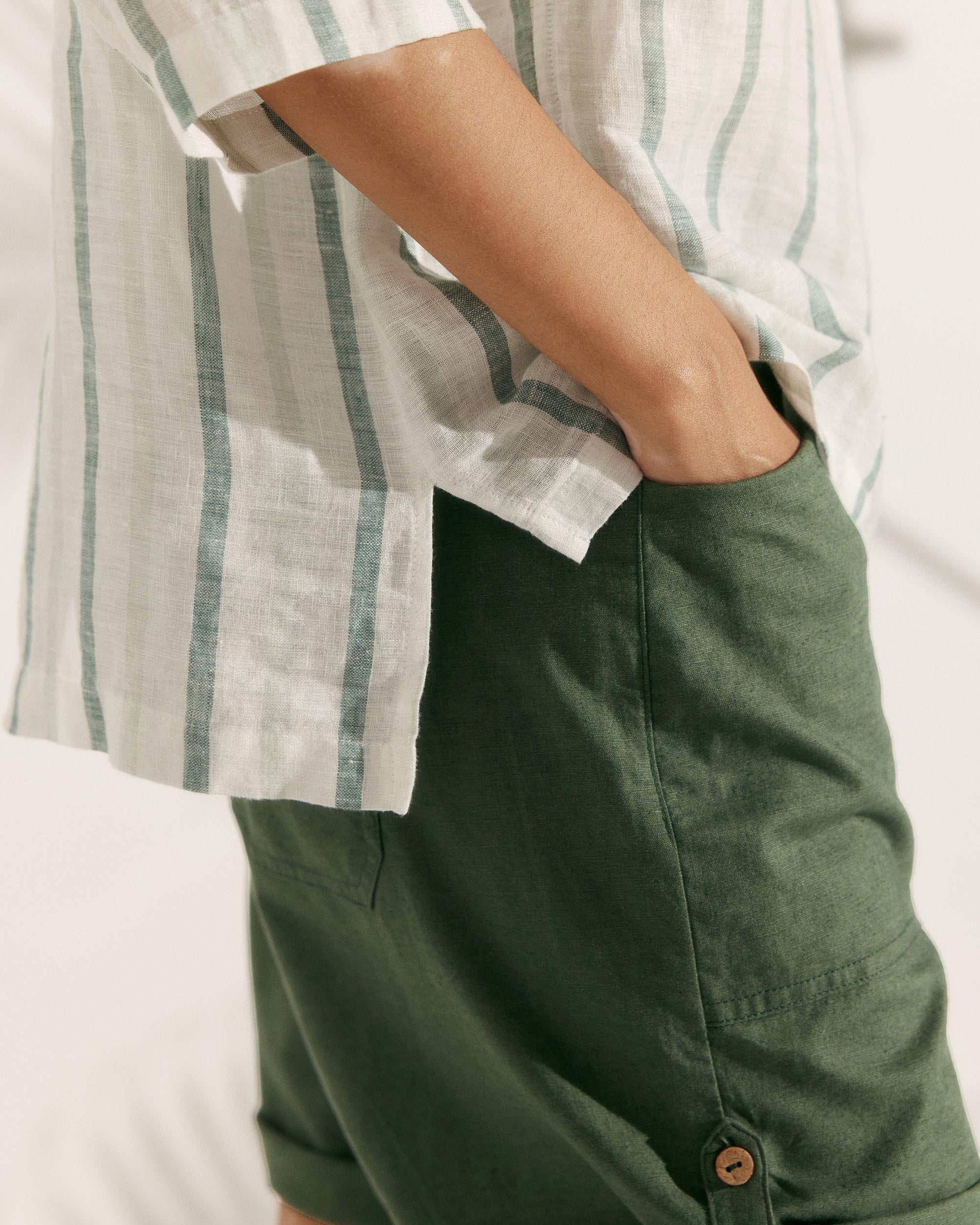 100% Linen Stripe Shawl V-Neck Half Sleeve Top - TOPS-Linen Blouses