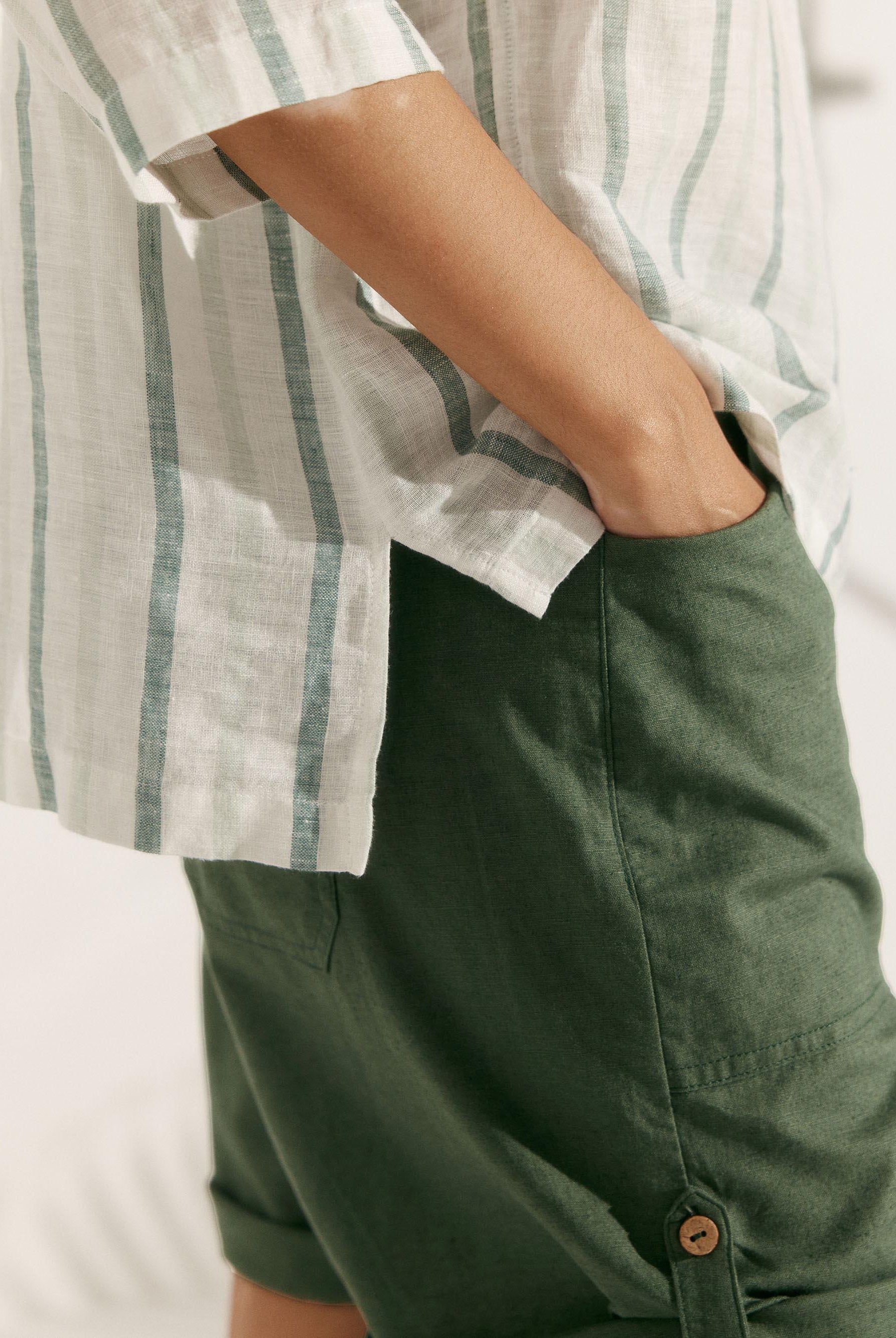 100% Linen Stripe Shawl V-Neck Half Sleeve Top - TOPS-Linen Blouses