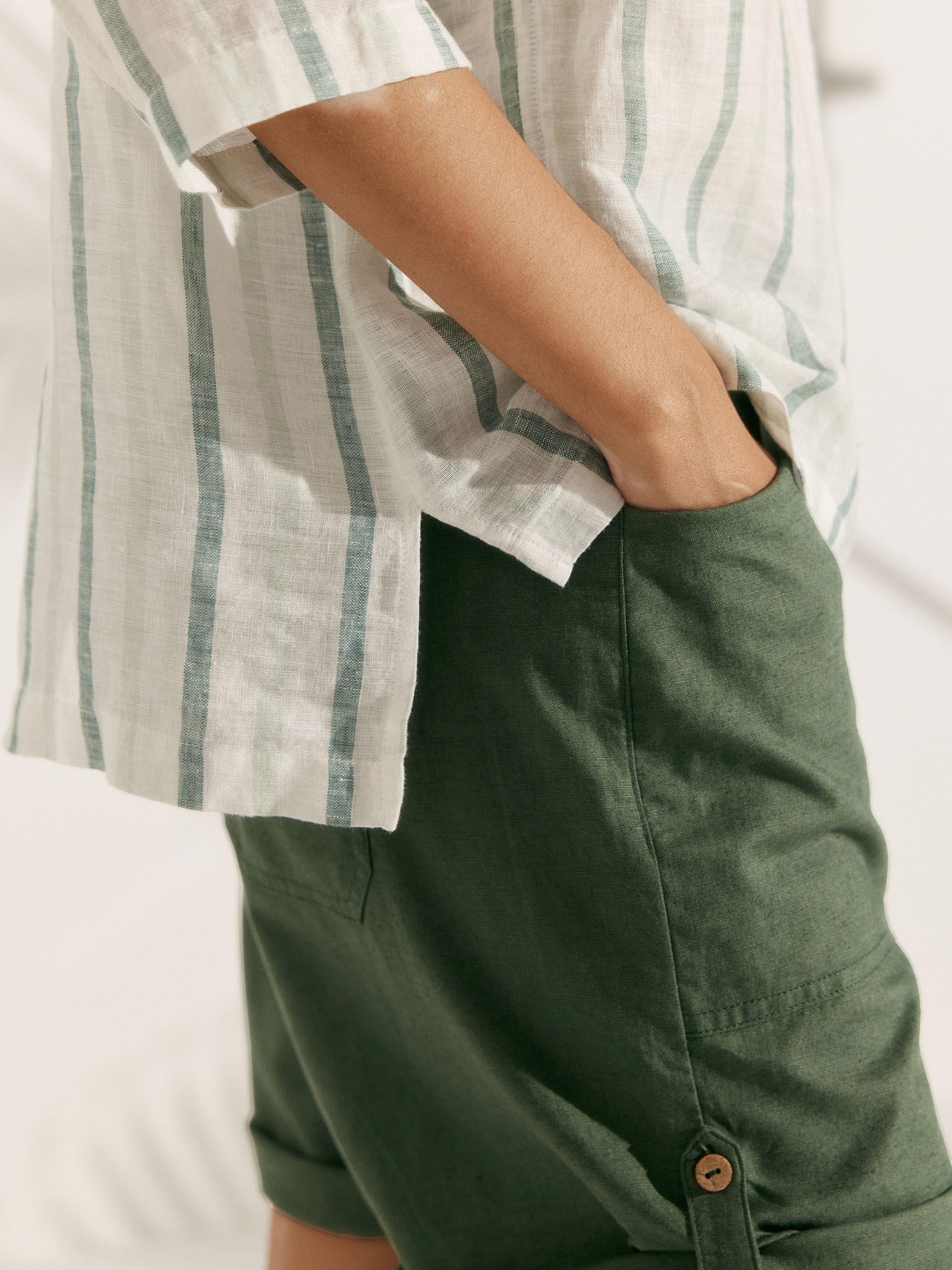 100% Linen Stripe Shawl V-Neck Half Sleeve Top - TOPS-Linen Blouses