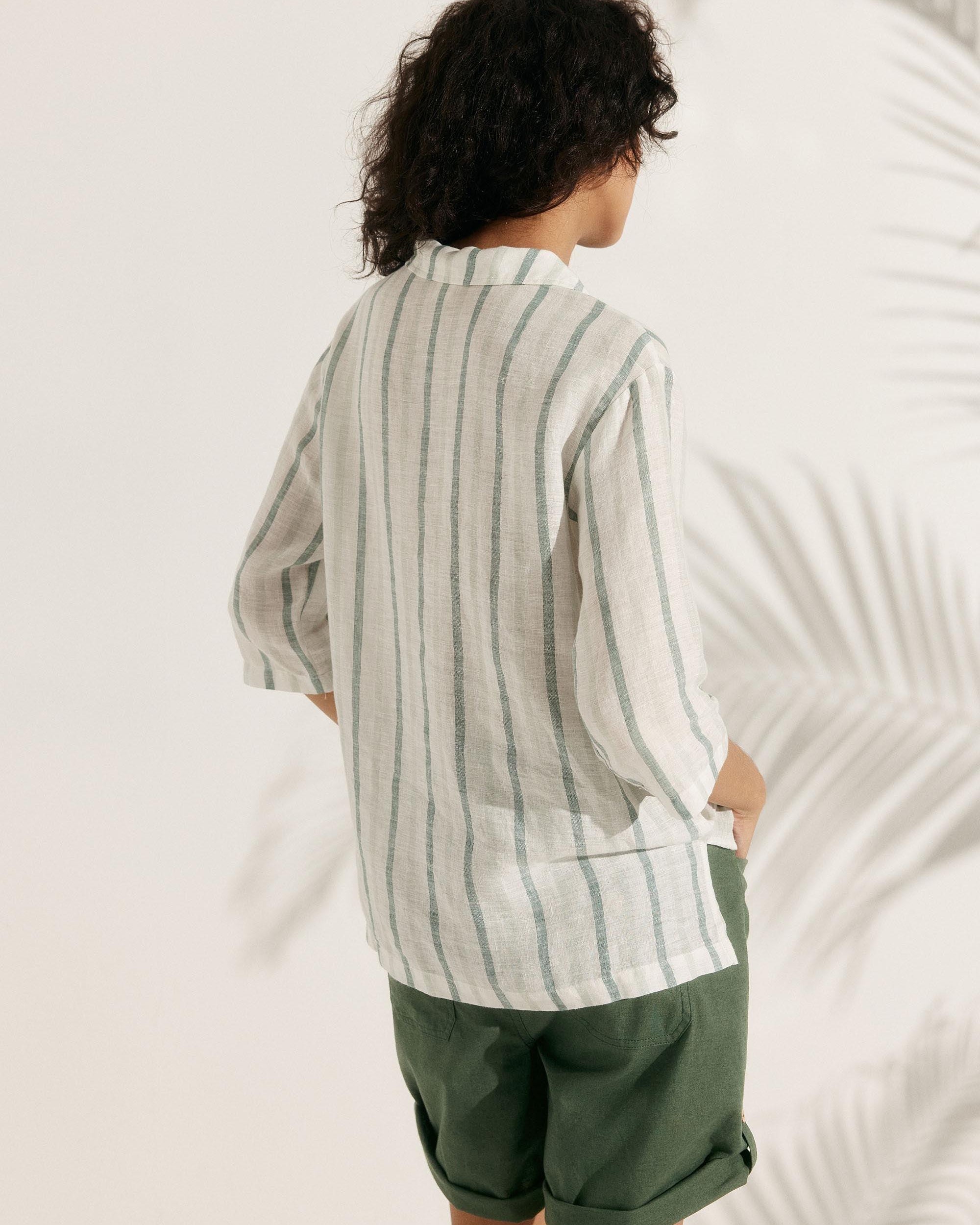 100% Linen Stripe Shawl V-Neck Half Sleeve Top - TOPS-Linen Blouses