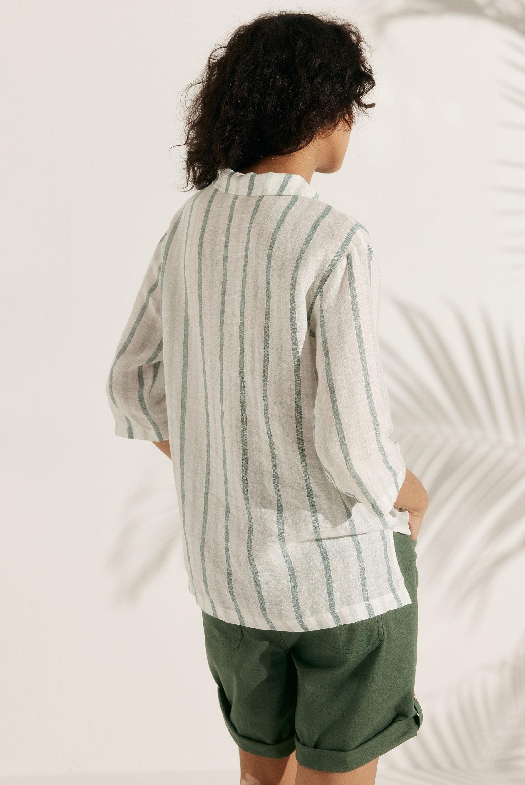 100% Linen Stripe Shawl V-Neck Half Sleeve Top - TOPS-Linen Blouses