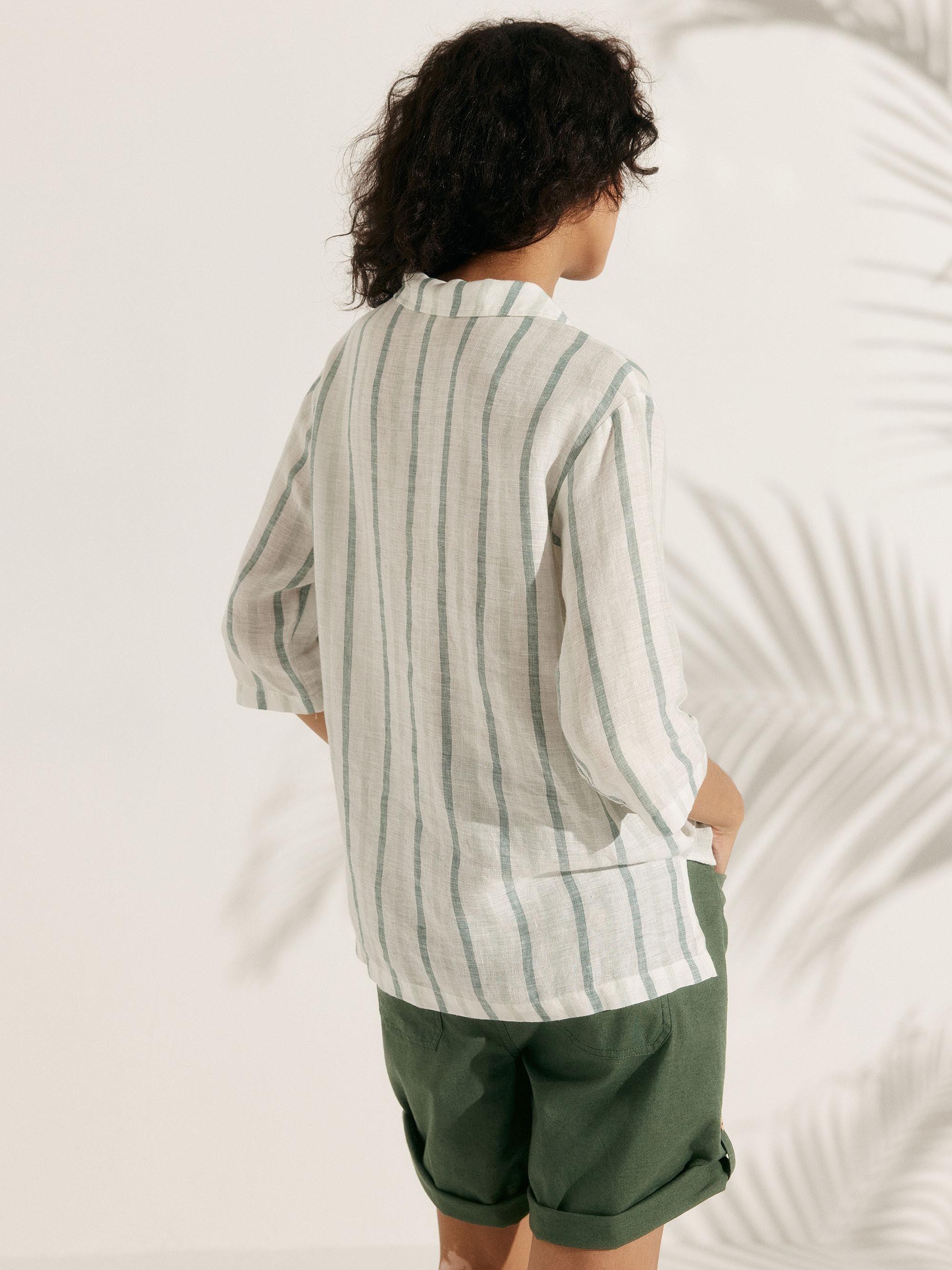 100% Linen Stripe Shawl V-Neck Half Sleeve Top - TOPS-Linen Blouses