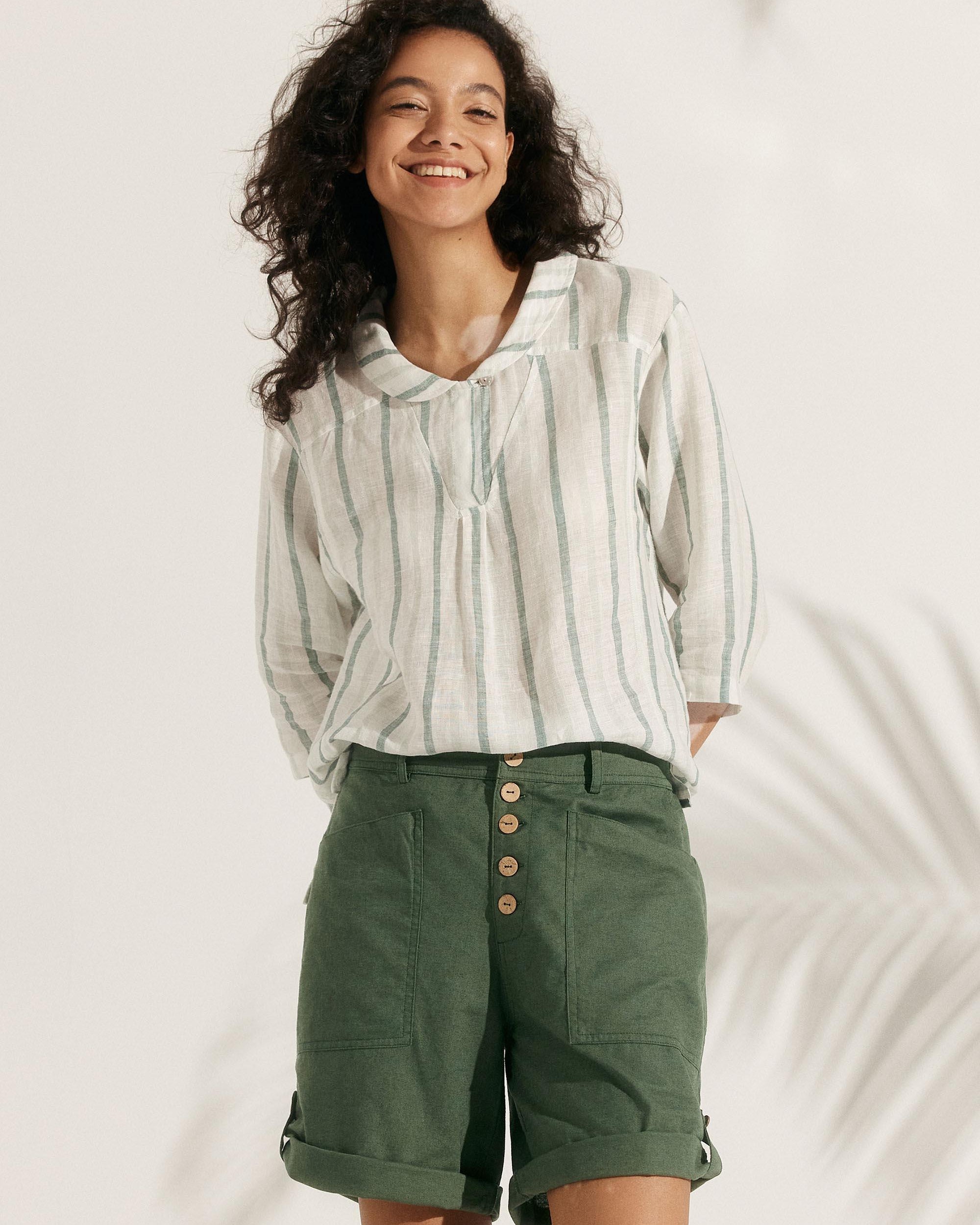 100% Linen Stripe Shawl V-Neck Half Sleeve Top - TOPS-Linen Blouses