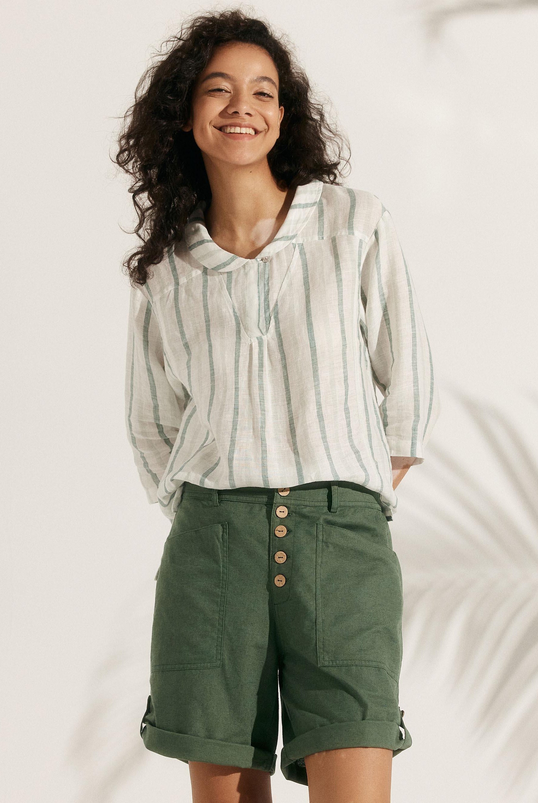 100% Linen Stripe Shawl V-Neck Half Sleeve Top - TOPS-Linen Blouses
