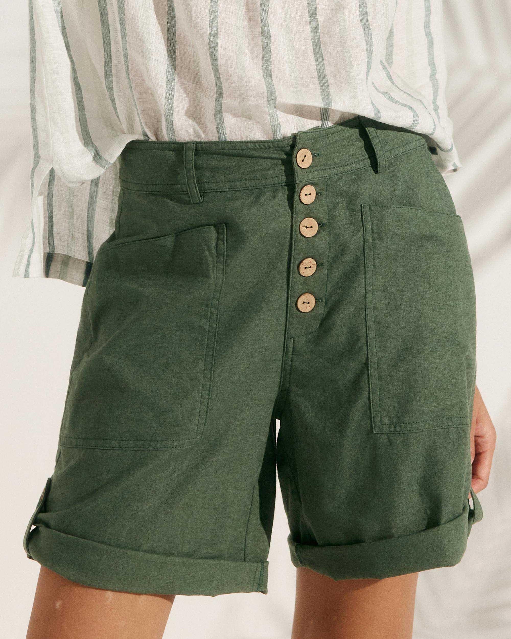 Linen Button-Fly Quarter Shorts LUCY - Olive Green / S - BOTTOMS-Linen
