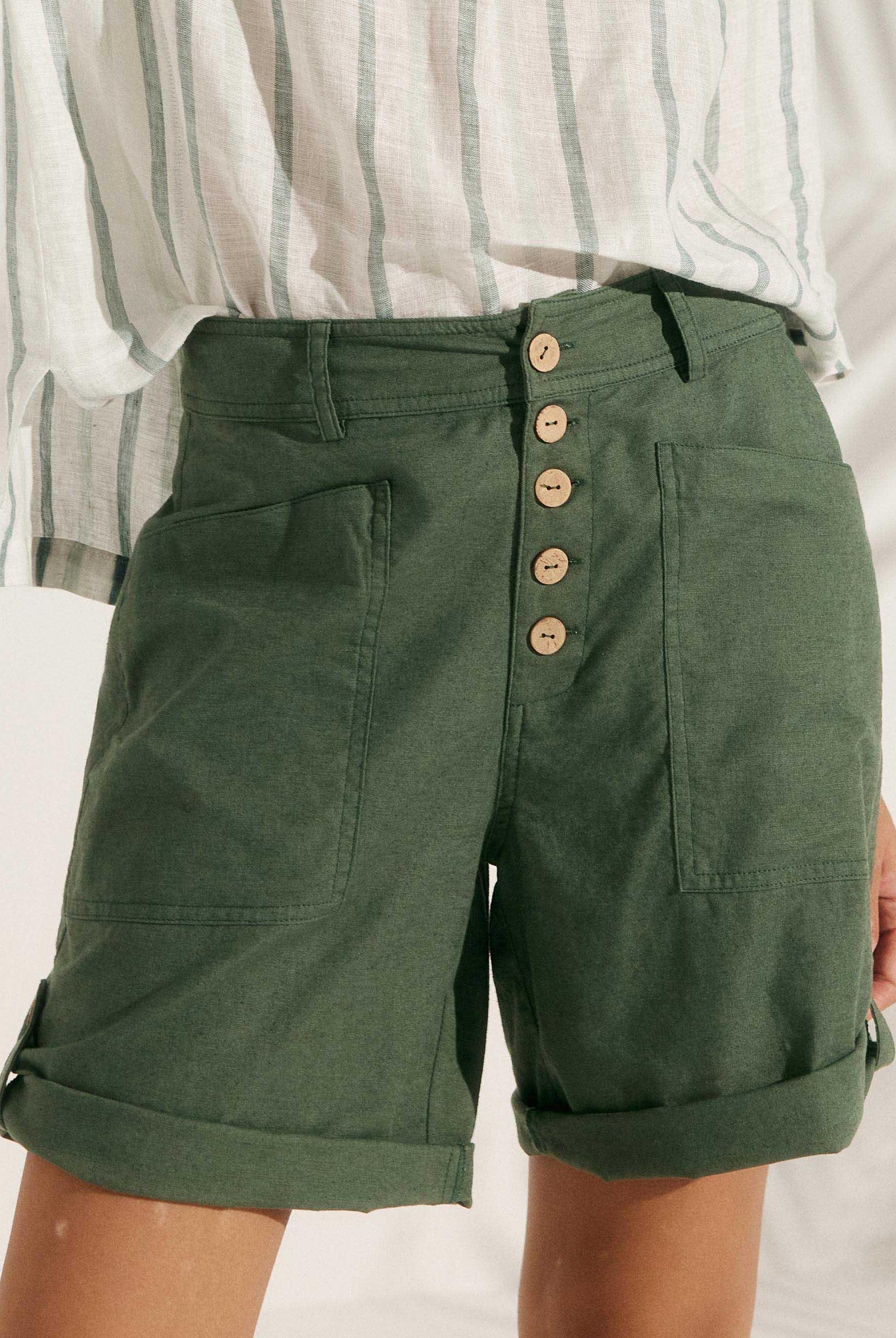 Linen Button-Fly Quarter Shorts LUCY - Olive Green / S - BOTTOMS-Linen