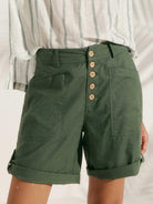 Linen Button-Fly Quarter Shorts LUCY - Olive Green / S - BOTTOMS-Linen