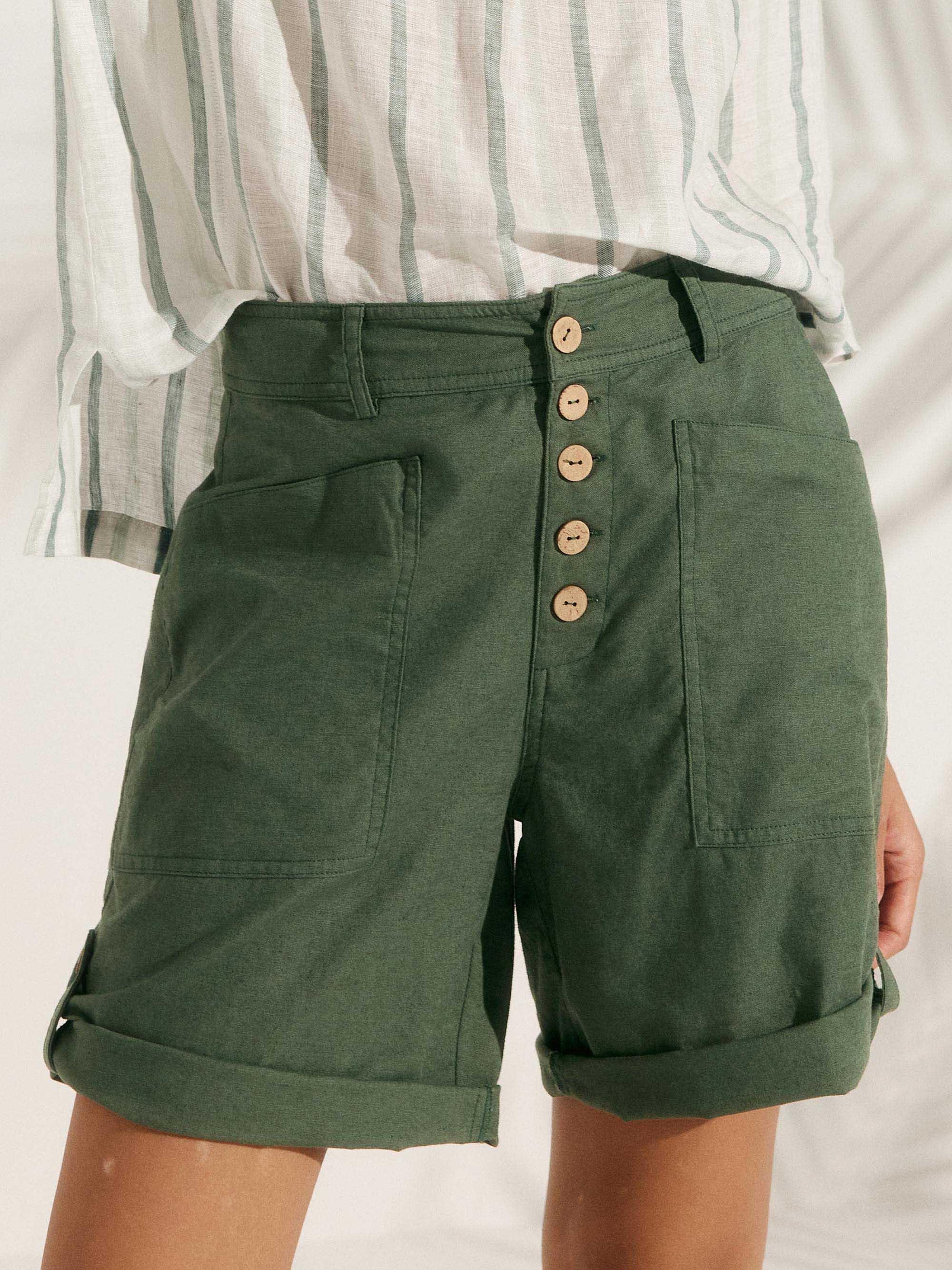 Linen Button-Fly Quarter Shorts LUCY - Olive Green / S - BOTTOMS-Linen