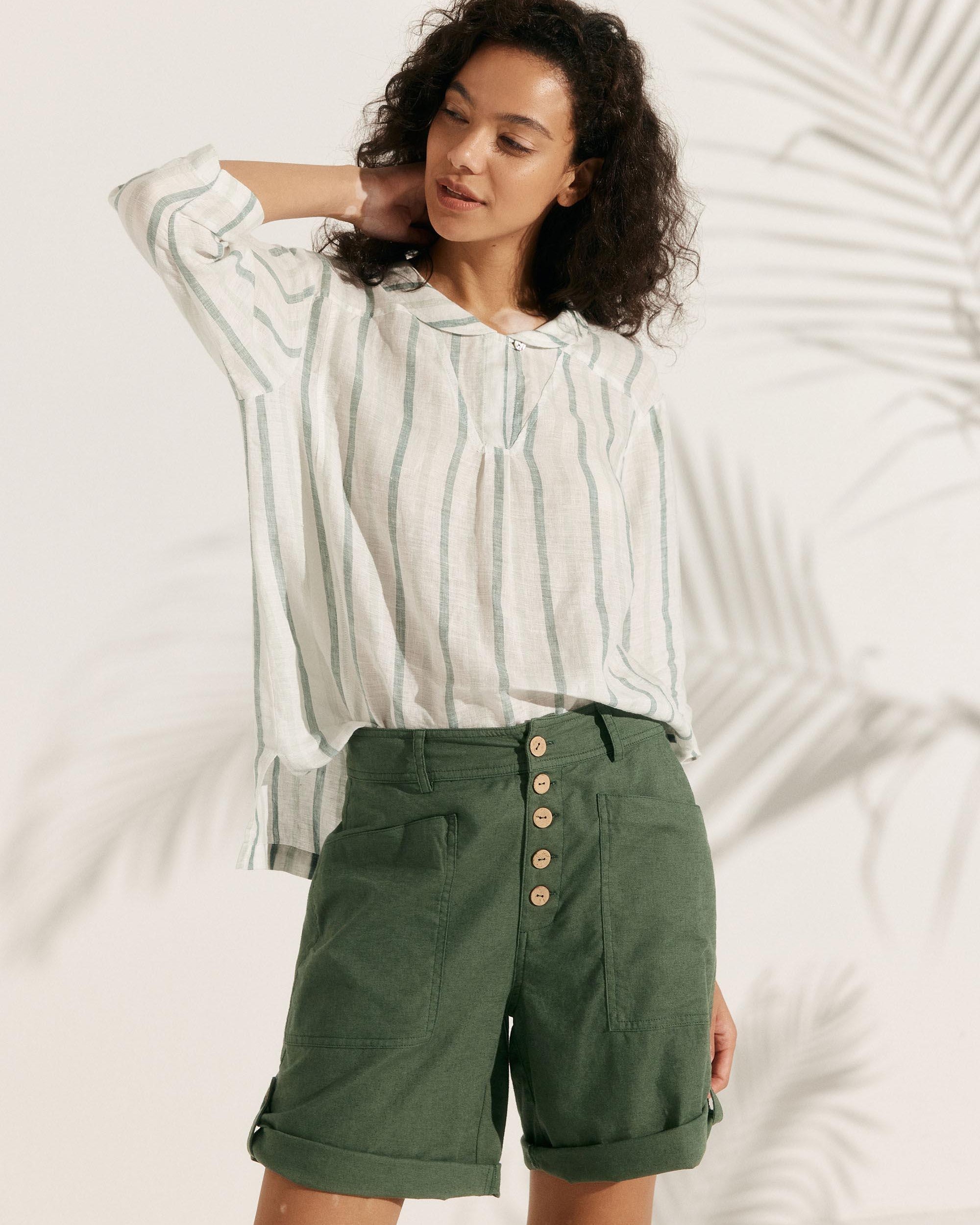 100% Linen Stripe Shawl V-Neck Half Sleeve Top - TOPS-Linen Blouses