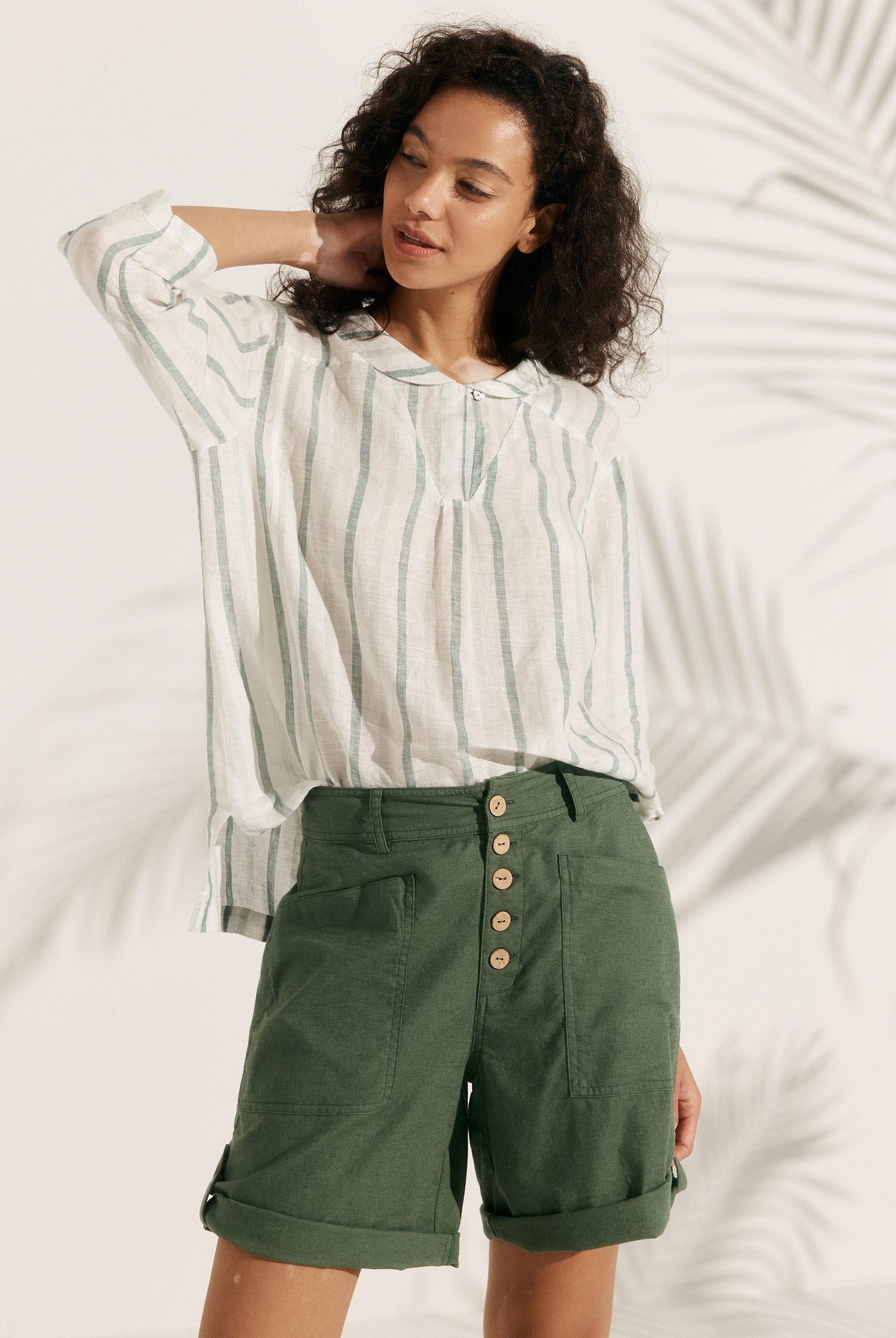 100% Linen Stripe Shawl V-Neck Half Sleeve Top - TOPS-Linen Blouses