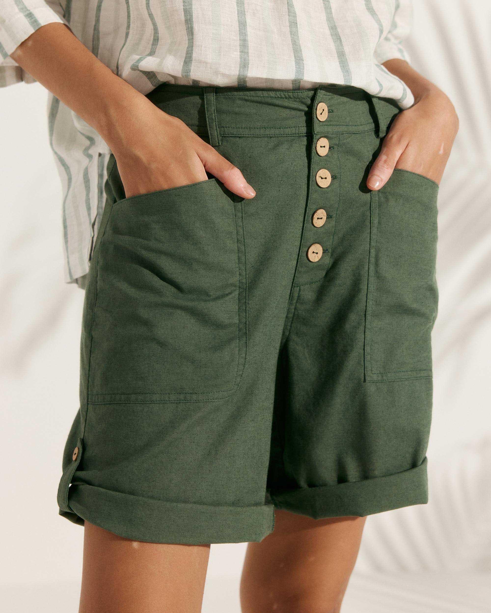 Linen Button-Fly Quarter Shorts LUCY - BOTTOMS-Linen
