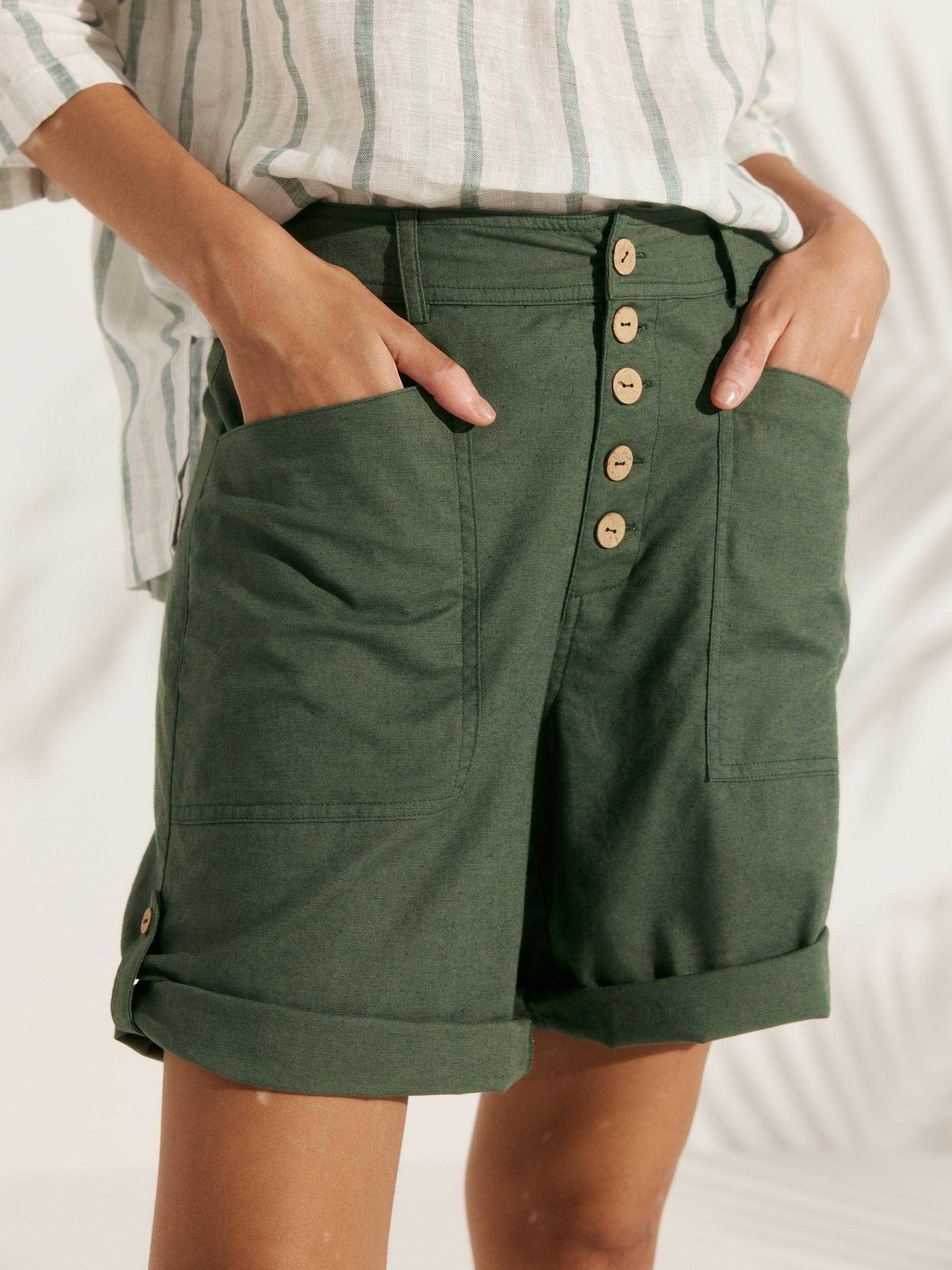 Linen Button-Fly Quarter Shorts LUCY - BOTTOMS-Linen