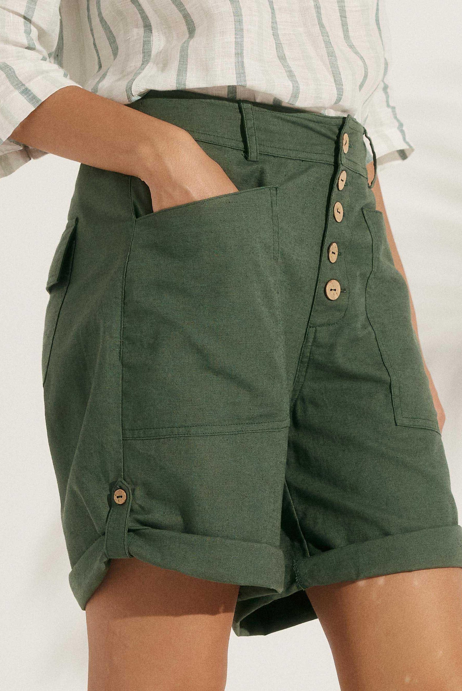 Linen Button-Fly Quarter Shorts LUCY - BOTTOMS-Linen