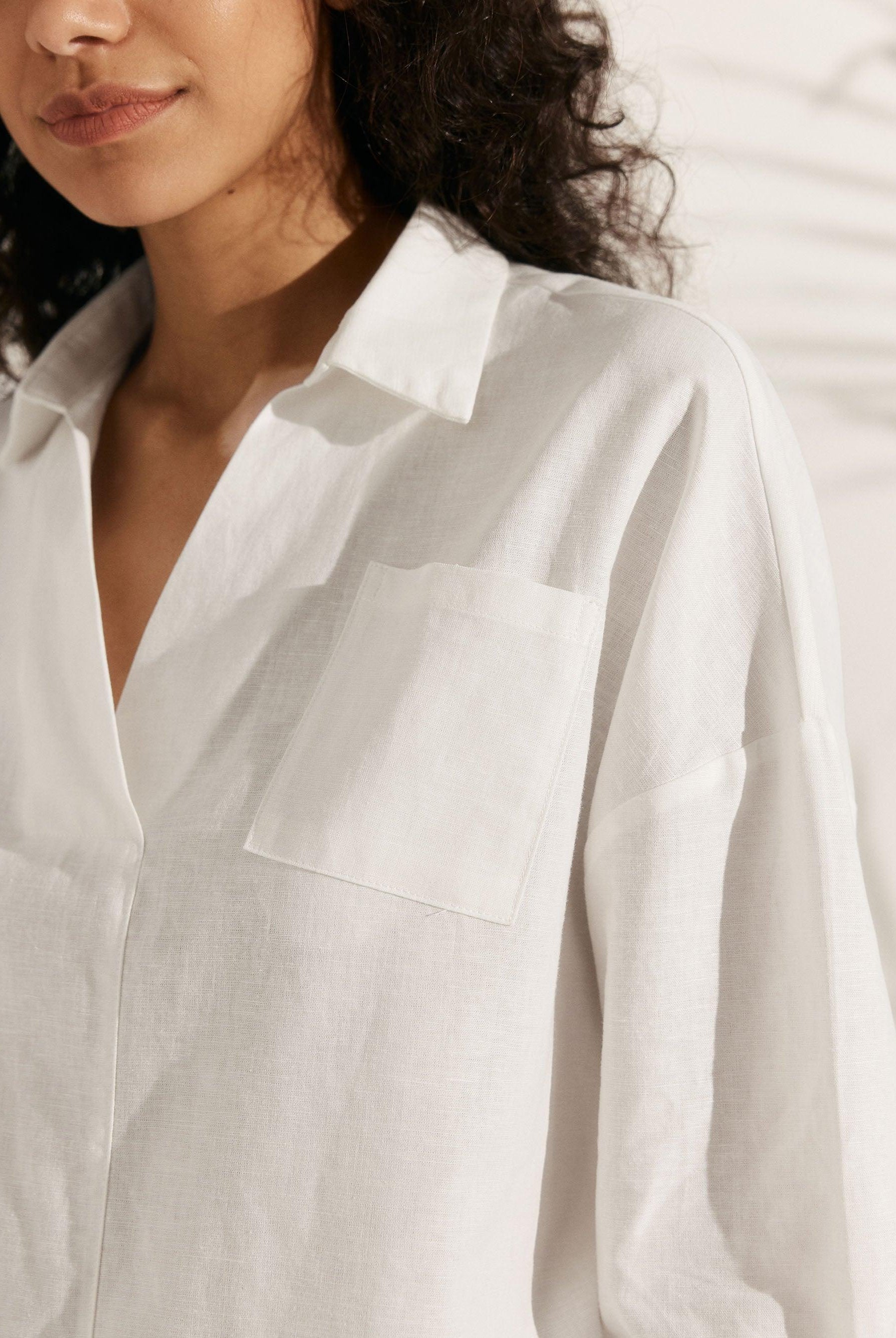 Linen Plaid Oversized Fit Pocket Shirt - TOPS-Linen Blouses