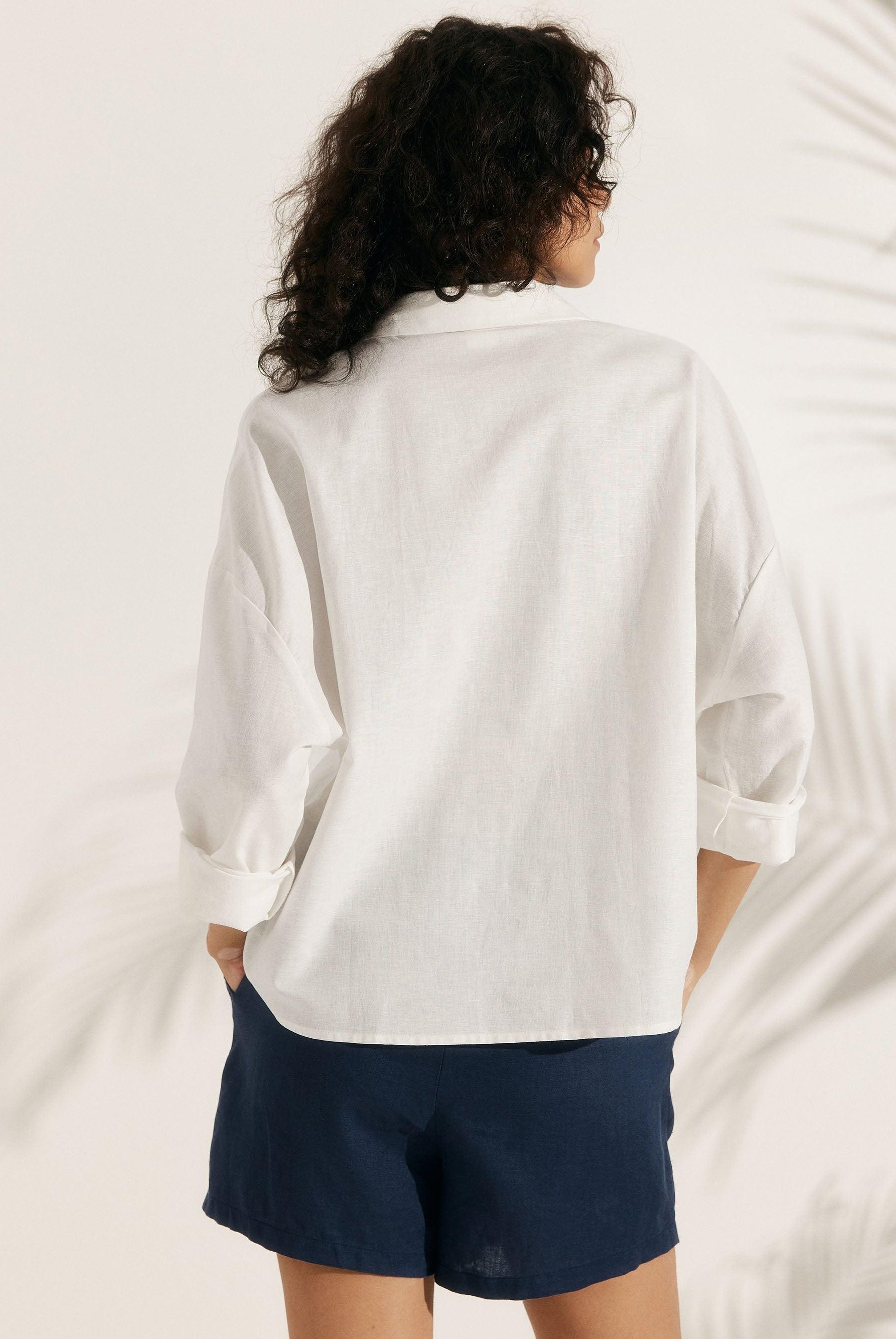 Linen Oversized Fit Pocket Shirt ELOWEN - TOPS-Linen Blouses