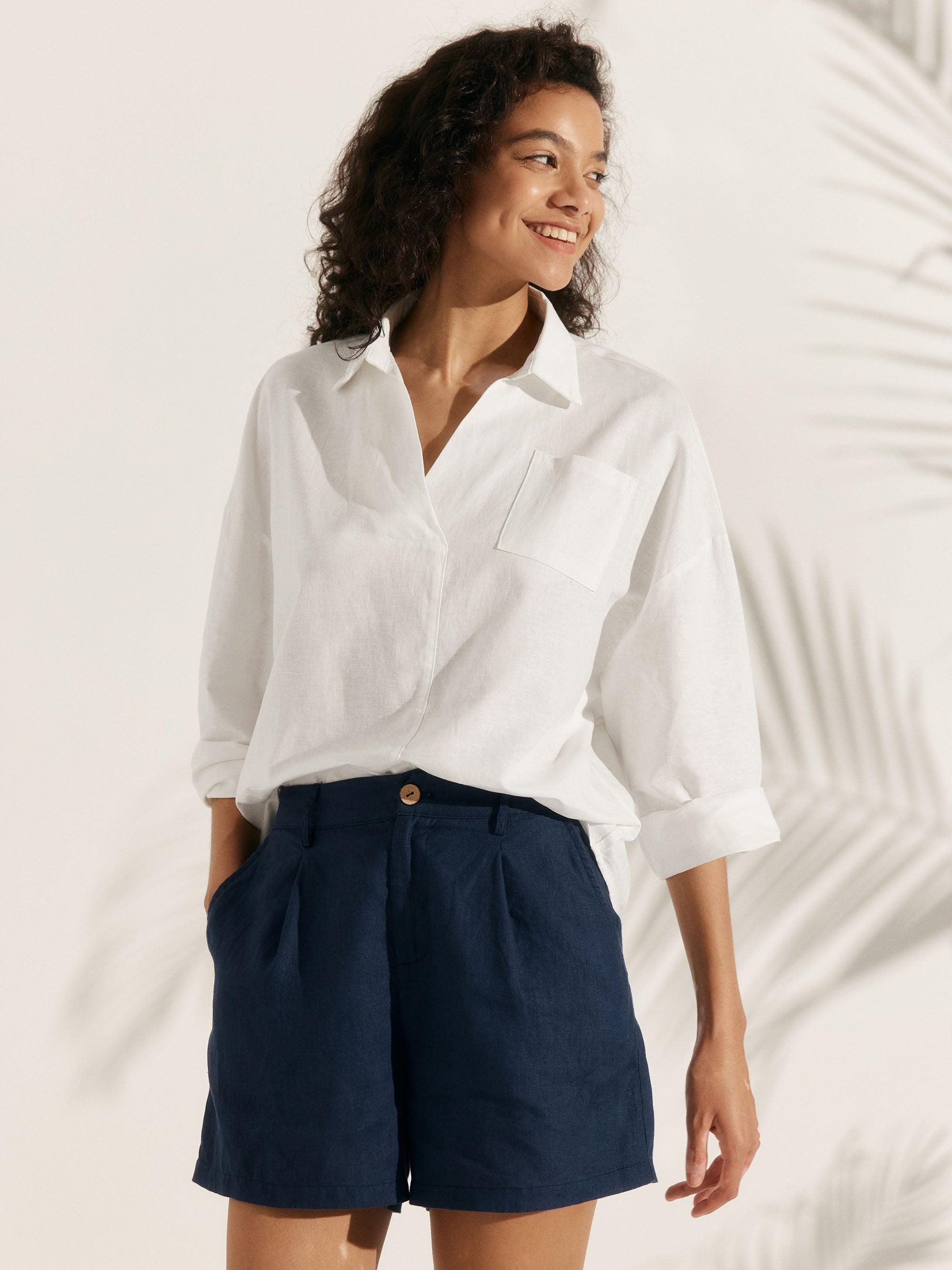 Linen Plaid Oversized Fit Pocket Shirt - Optic White / S - TOPS-Linen Blouses