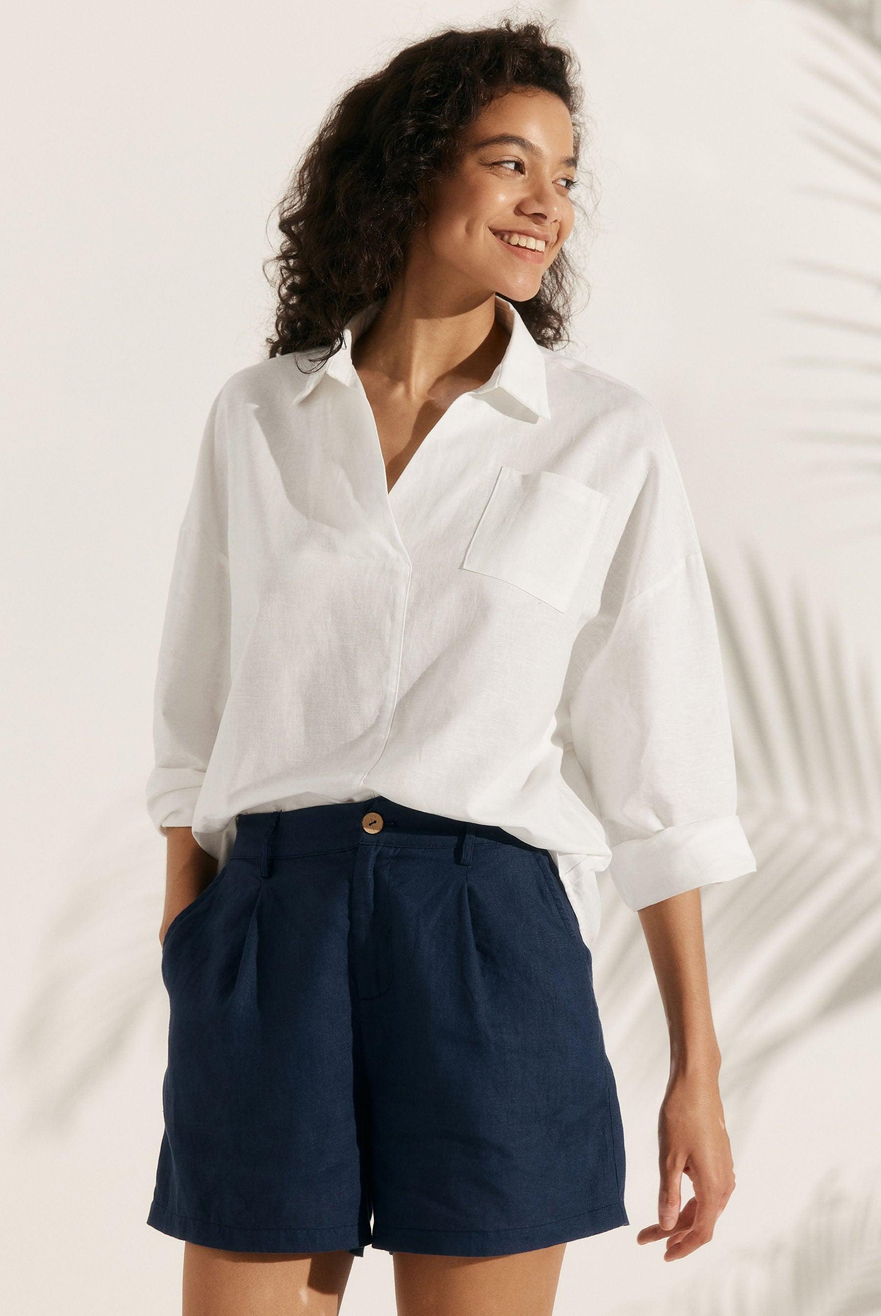 Linen Oversized Fit Pocket Shirt ELOWEN - Optic White / XS - TOPS-Linen Blouses