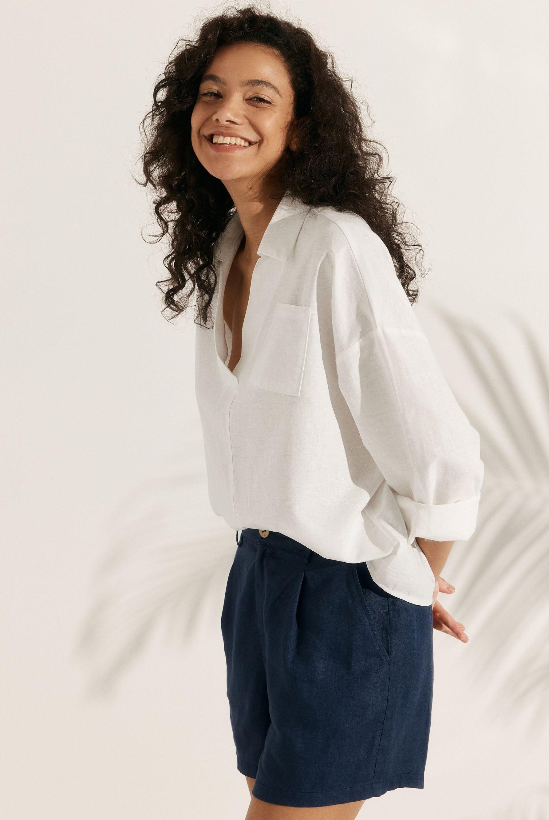 Linen Oversized Fit Pocket Shirt ELOWEN - TOPS-Linen Blouses