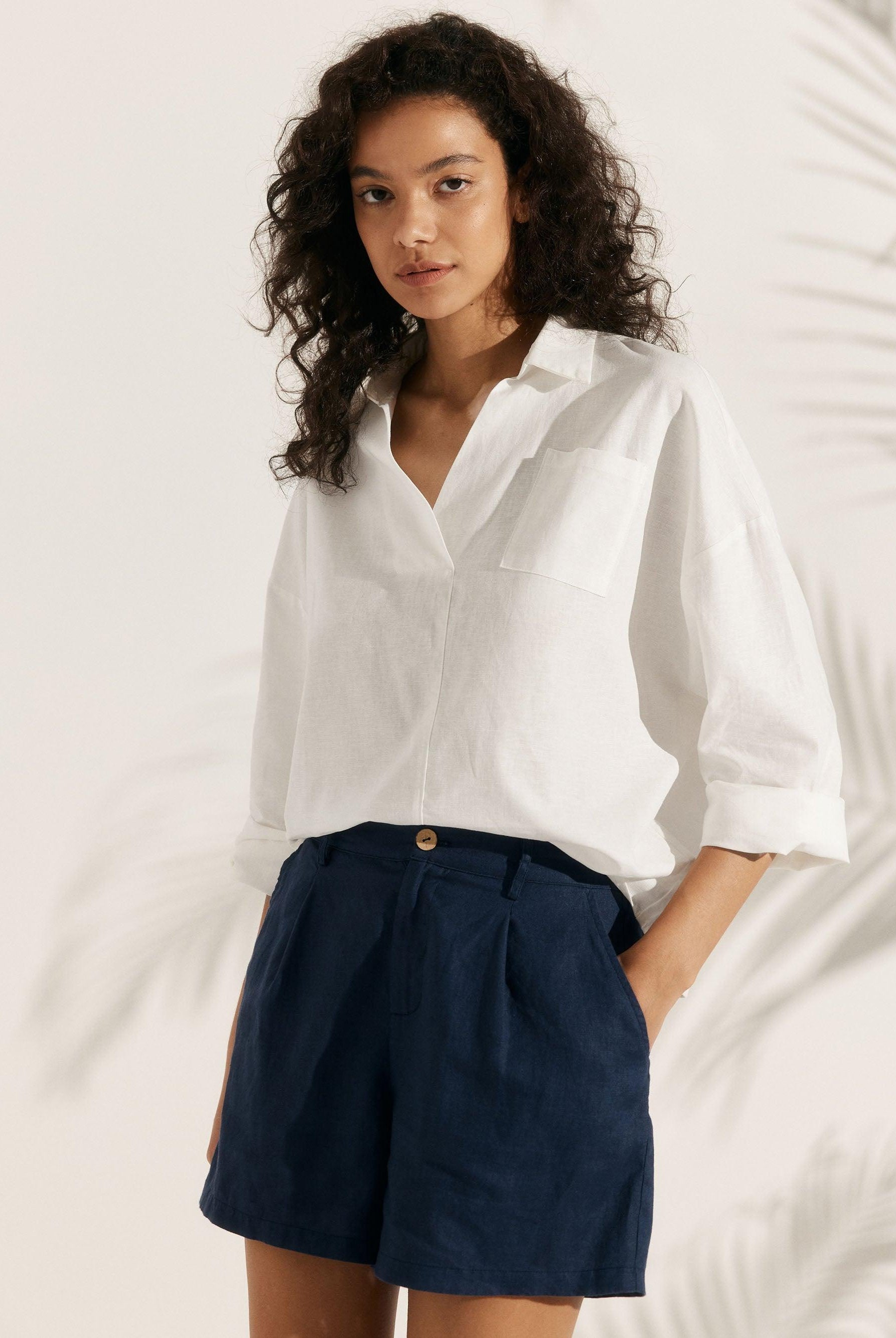 Linen Plaid Oversized Fit Pocket Shirt - TOPS-Linen Blouses