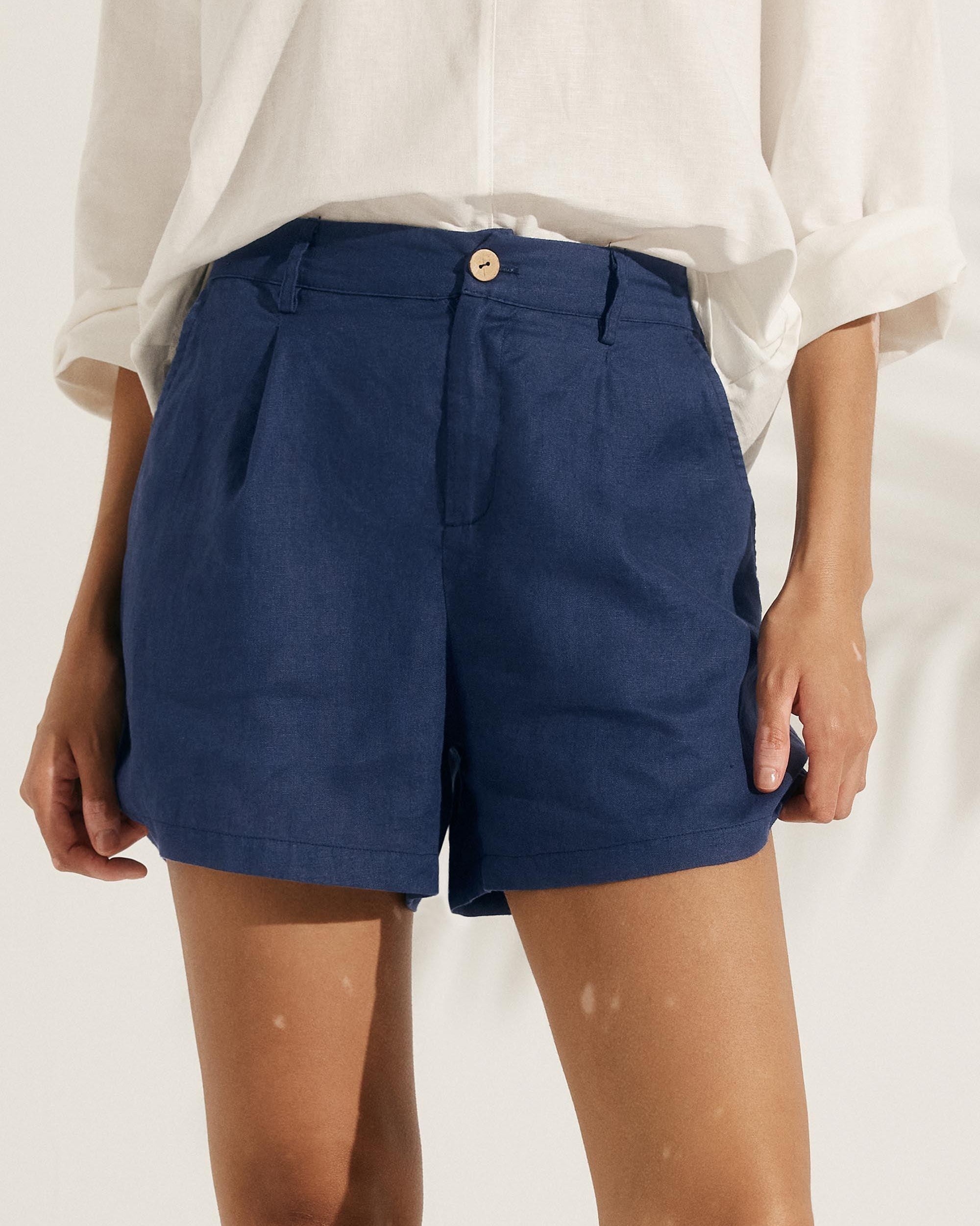 100% Linen Pleated Shorts - BOTTOMS-Linen