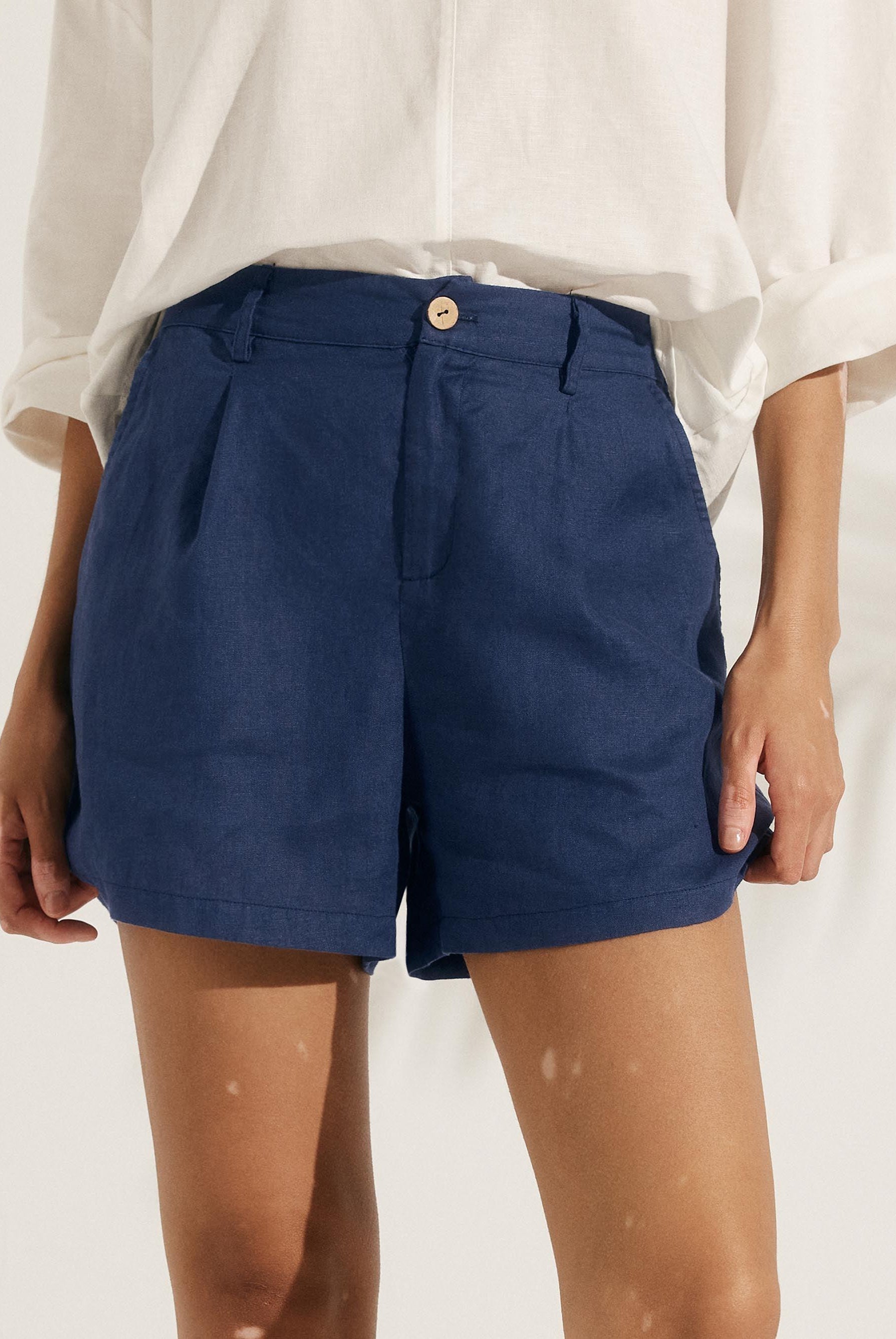 100% Linen Pleated Shorts - BOTTOMS-Linen