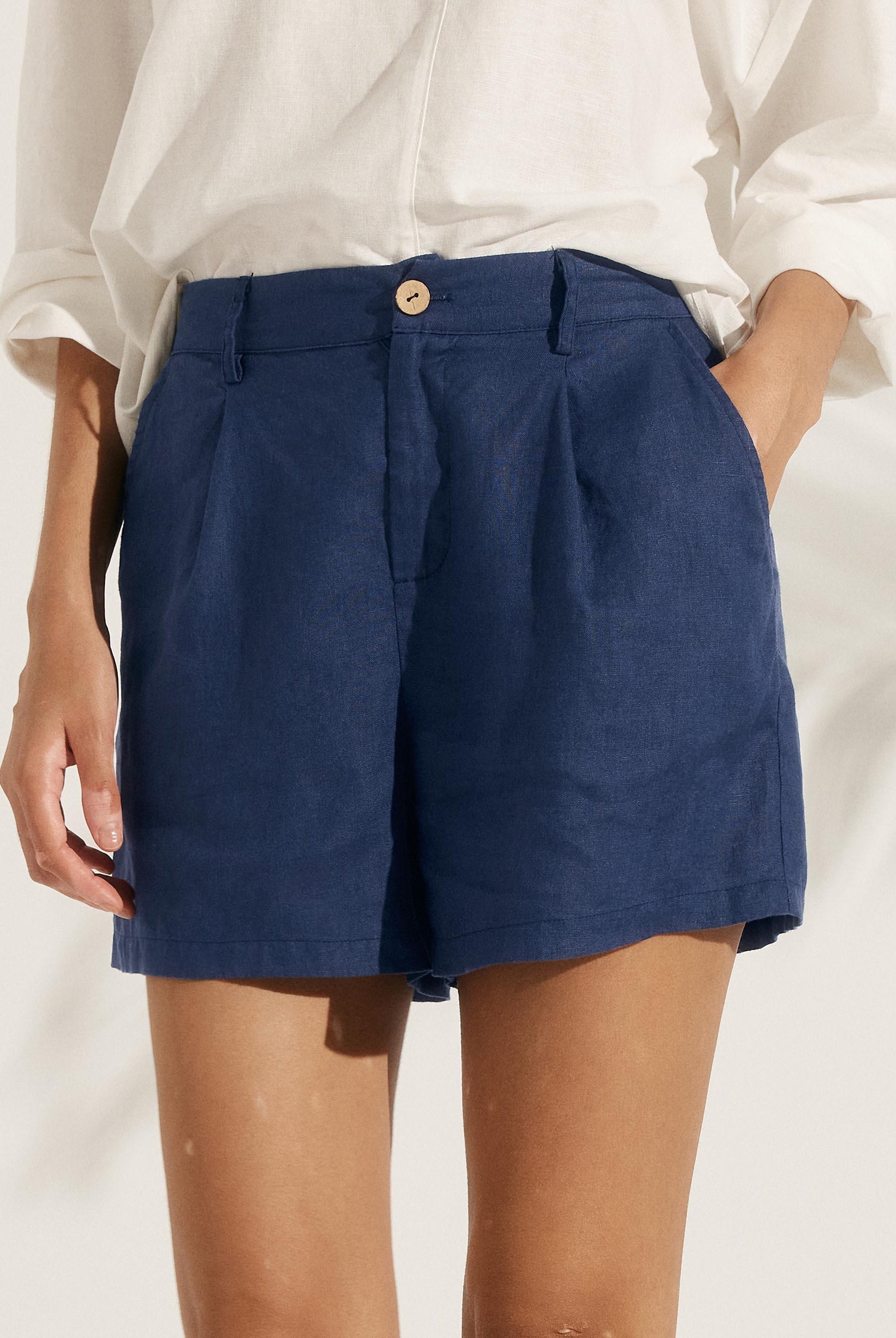 100% Linen Pleated Shorts - Navy Blue / S - BOTTOMS-Linen