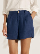100% Linen Pleated Shorts - Navy Blue / S - BOTTOMS-Linen