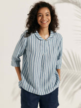 100% LINEN STRIPE SHAWL V-NECK HALF SLEEVE TOP