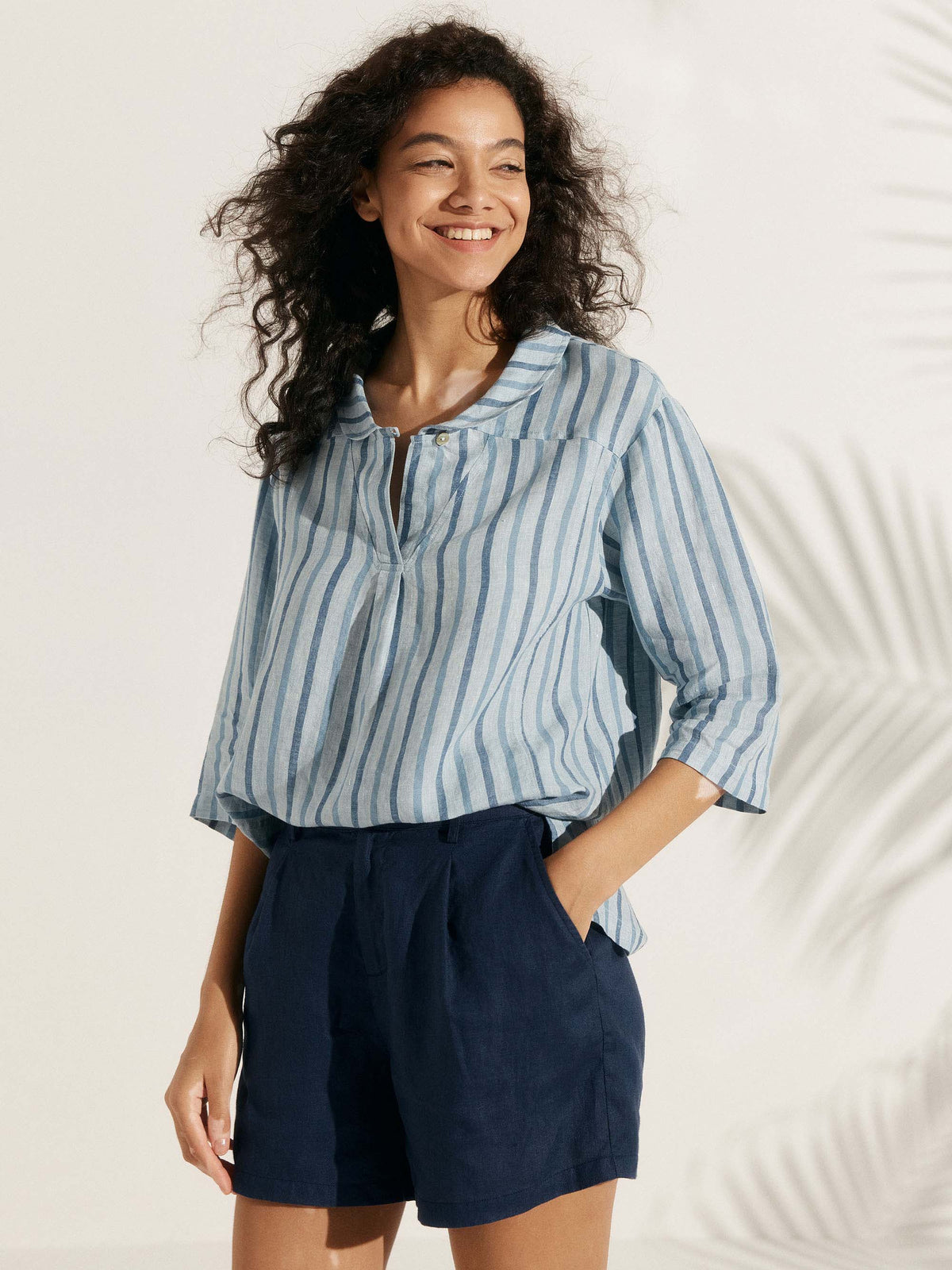 100% LINEN STRIPE SHAWL V-NECK HALF SLEEVE TOP - Sky Stripe / S