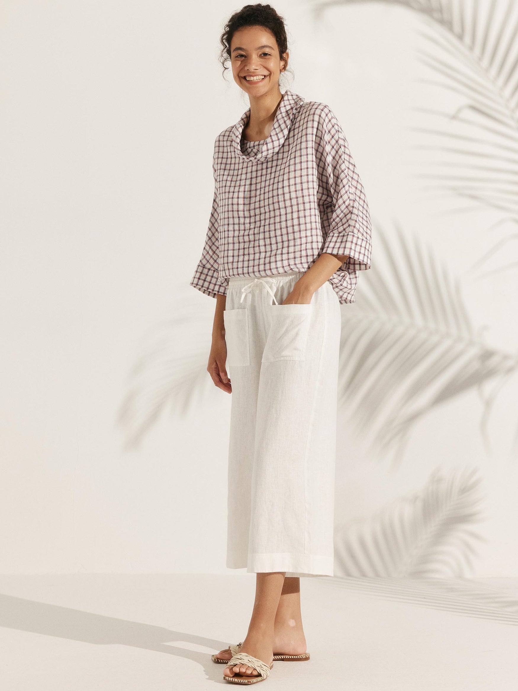 Linen-Cotton Dropped Collar Long-Sleeve Top TRISTAN - TOPS-Linen Blouses