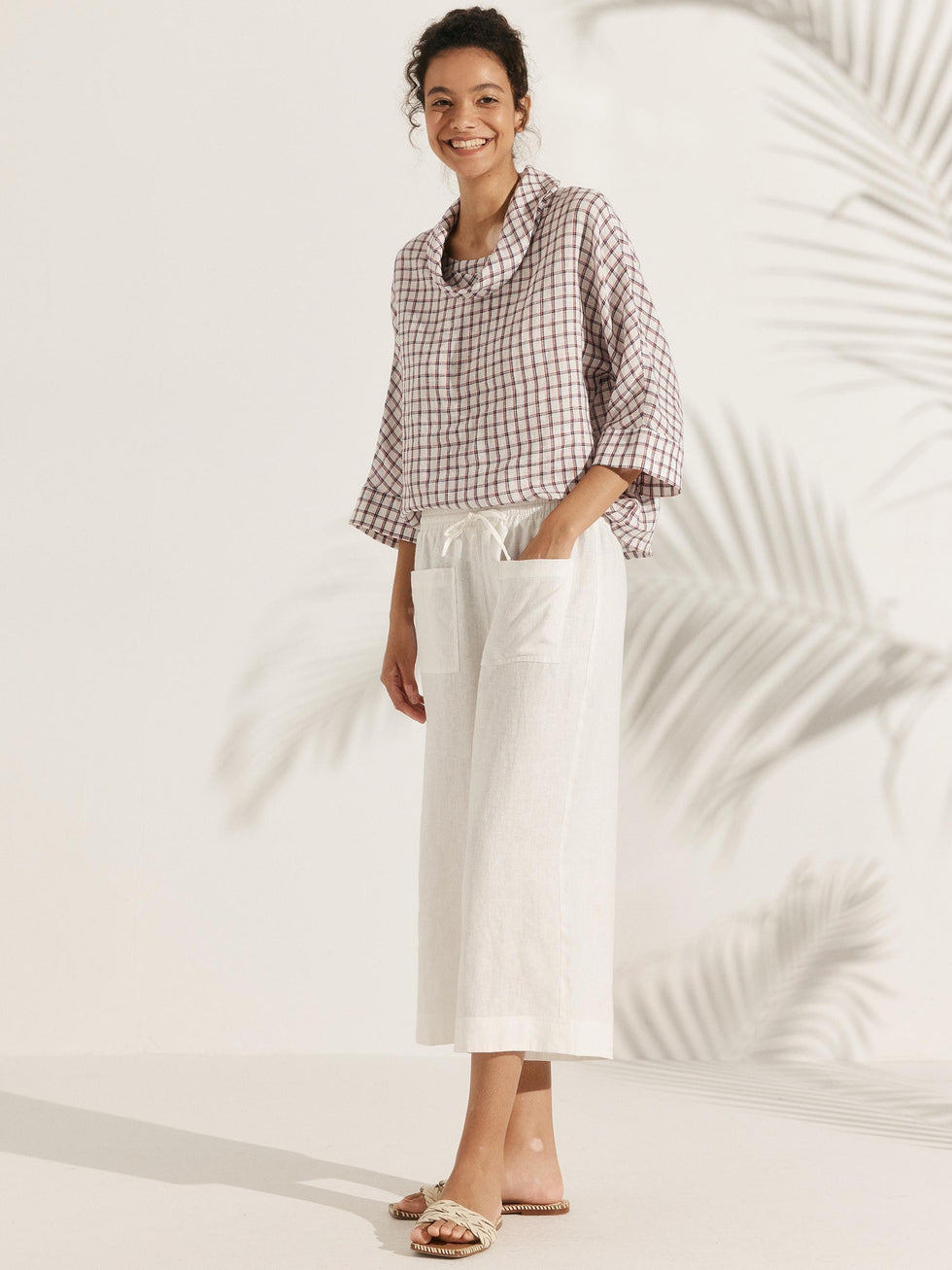 Linen-Cotton Dropped Collar Long-Sleeve Top TRISTAN - TOPS-Linen Blouses