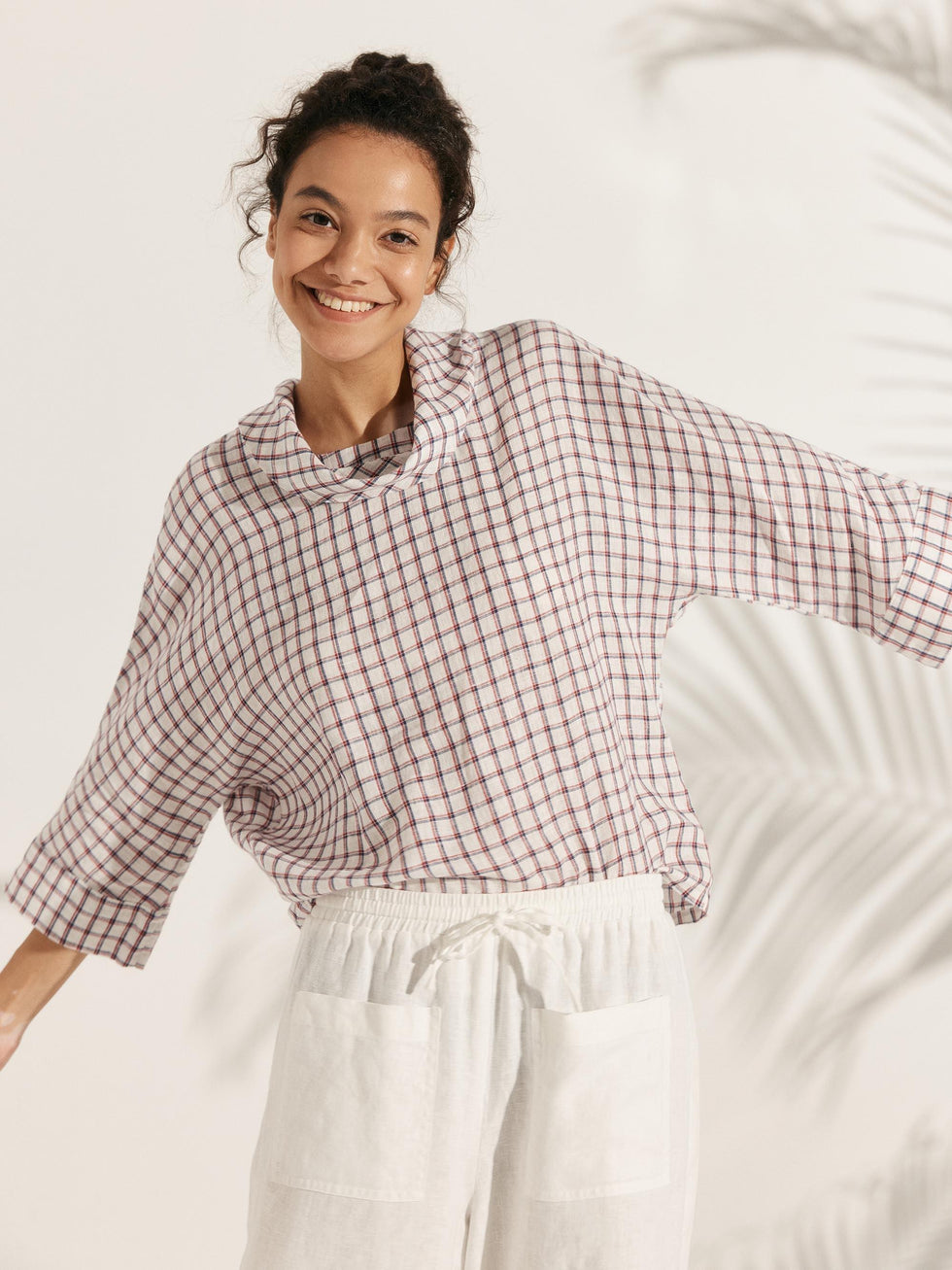 Linen-Cotton Dropped Collar Long-Sleeve Top TRISTAN - TOPS-Linen Blouses