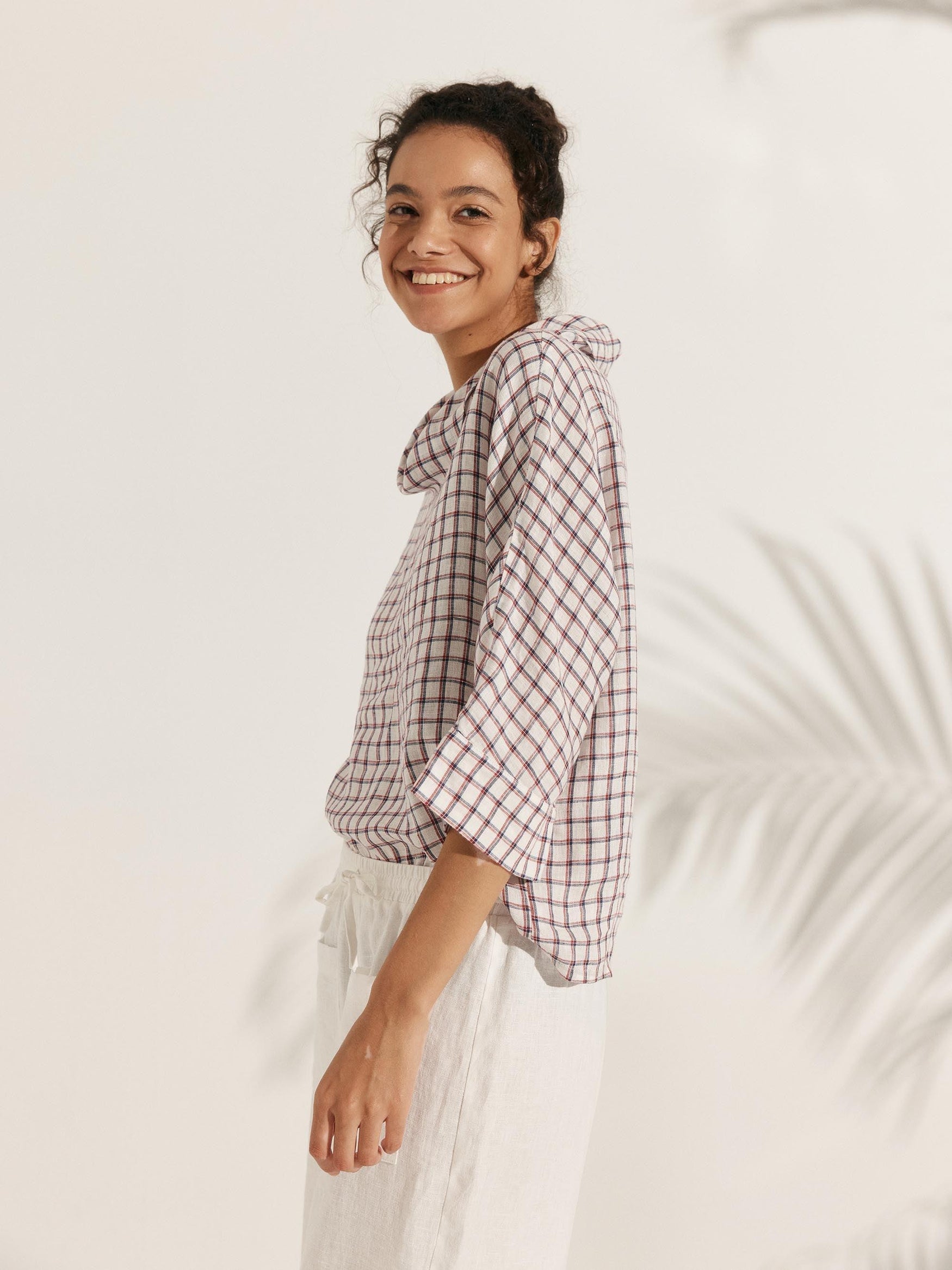 Linen-Cotton Dropped Collar Long-Sleeve Top TRISTAN - TOPS-Linen Blouses