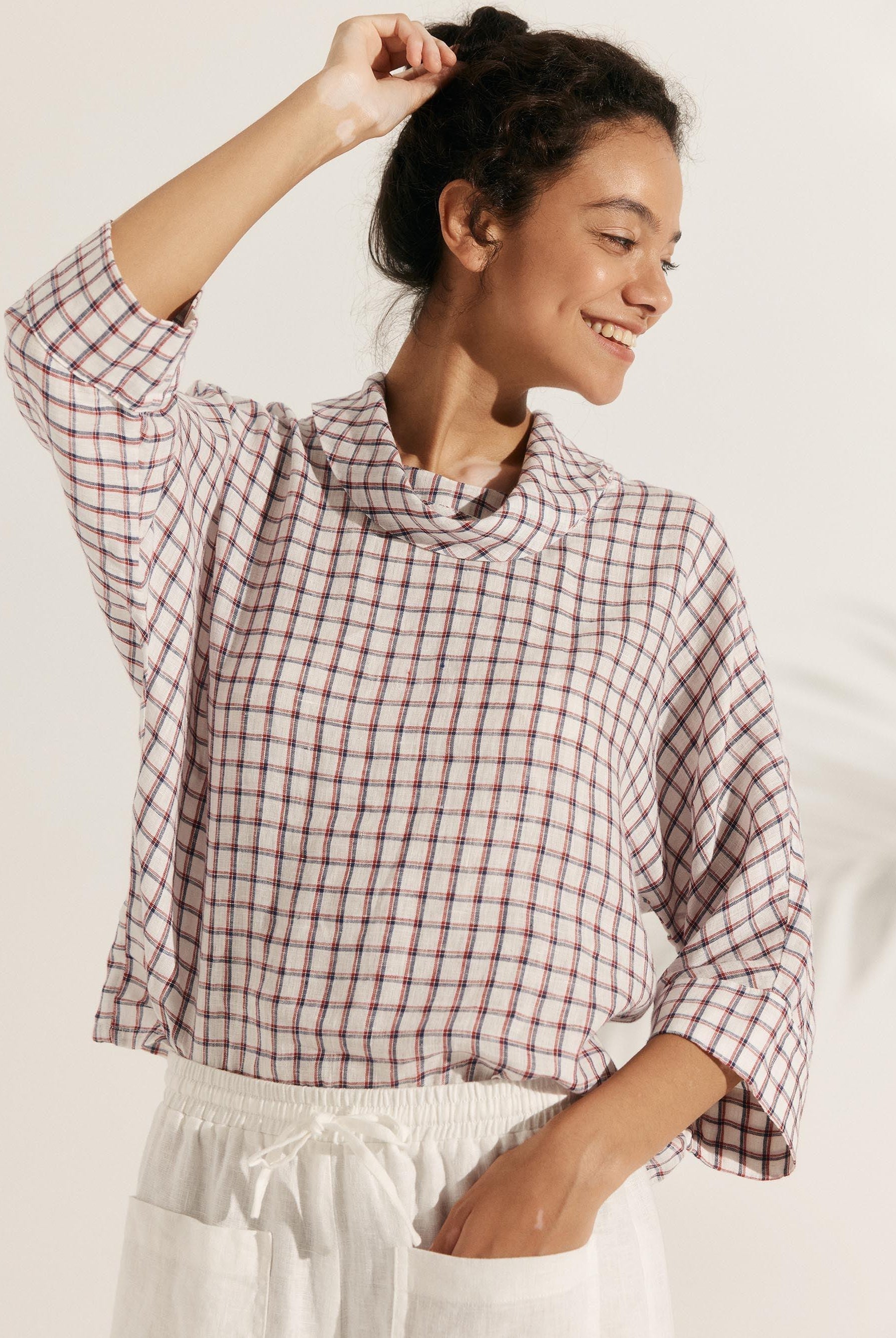 100% Linen Dropped Collar Long-Sleeve Top TRISTAN - TOPS-Linen Blouses