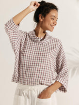 Linen-Cotton Dropped Collar Long-Sleeve Top TRISTAN - TOPS-Linen Blouses