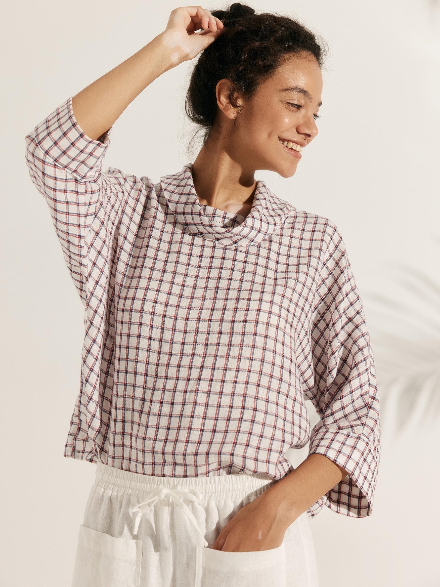 Linen-Cotton Dropped Collar Long-Sleeve Top TRISTAN - TOPS-Linen Blouses
