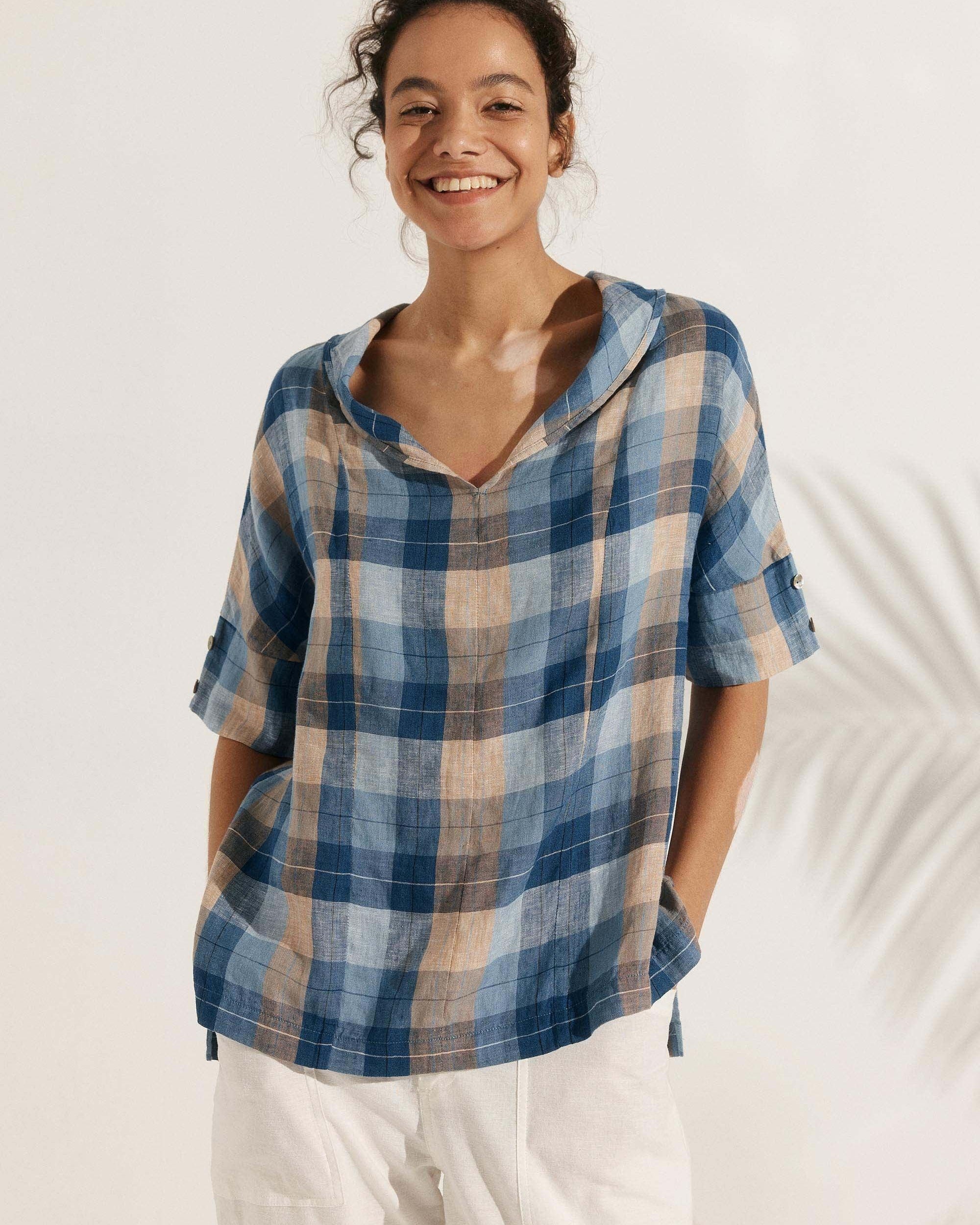 100% Linen V-Neck Short Sleeve Shirt SIERRA - TOPS-Linen Blouses