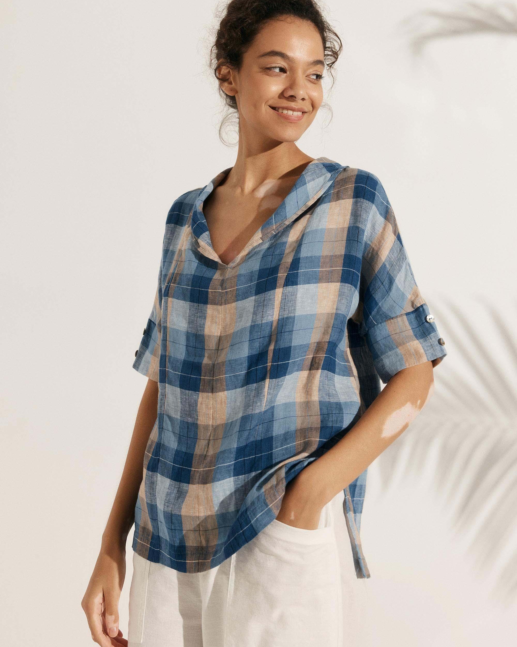100% Linen V-Neck Short Sleeve Shirt SIERRA - TOPS-Linen Blouses
