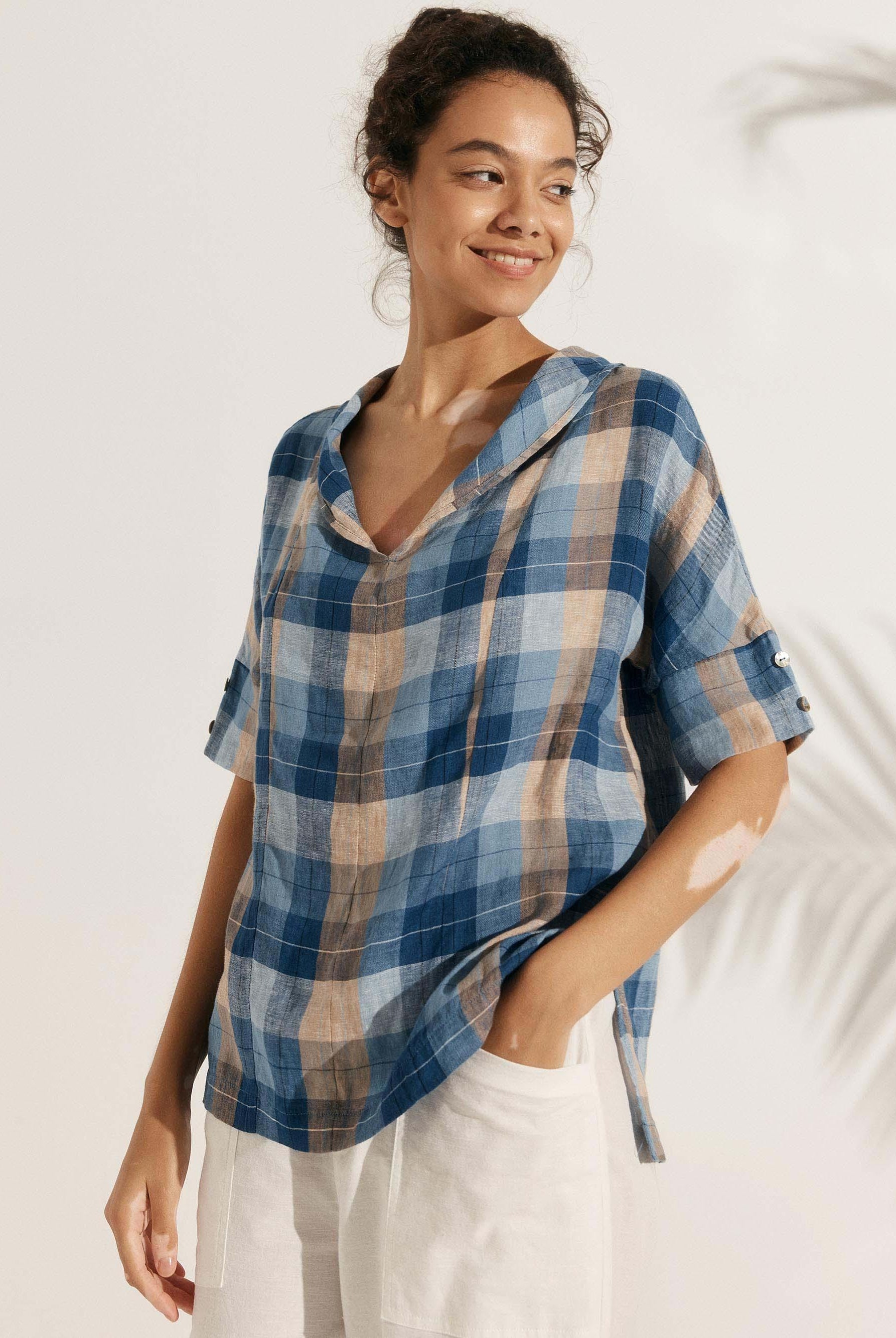 Linen V Neck Short Sleeve Shirt - TOPS-Linen Blouses