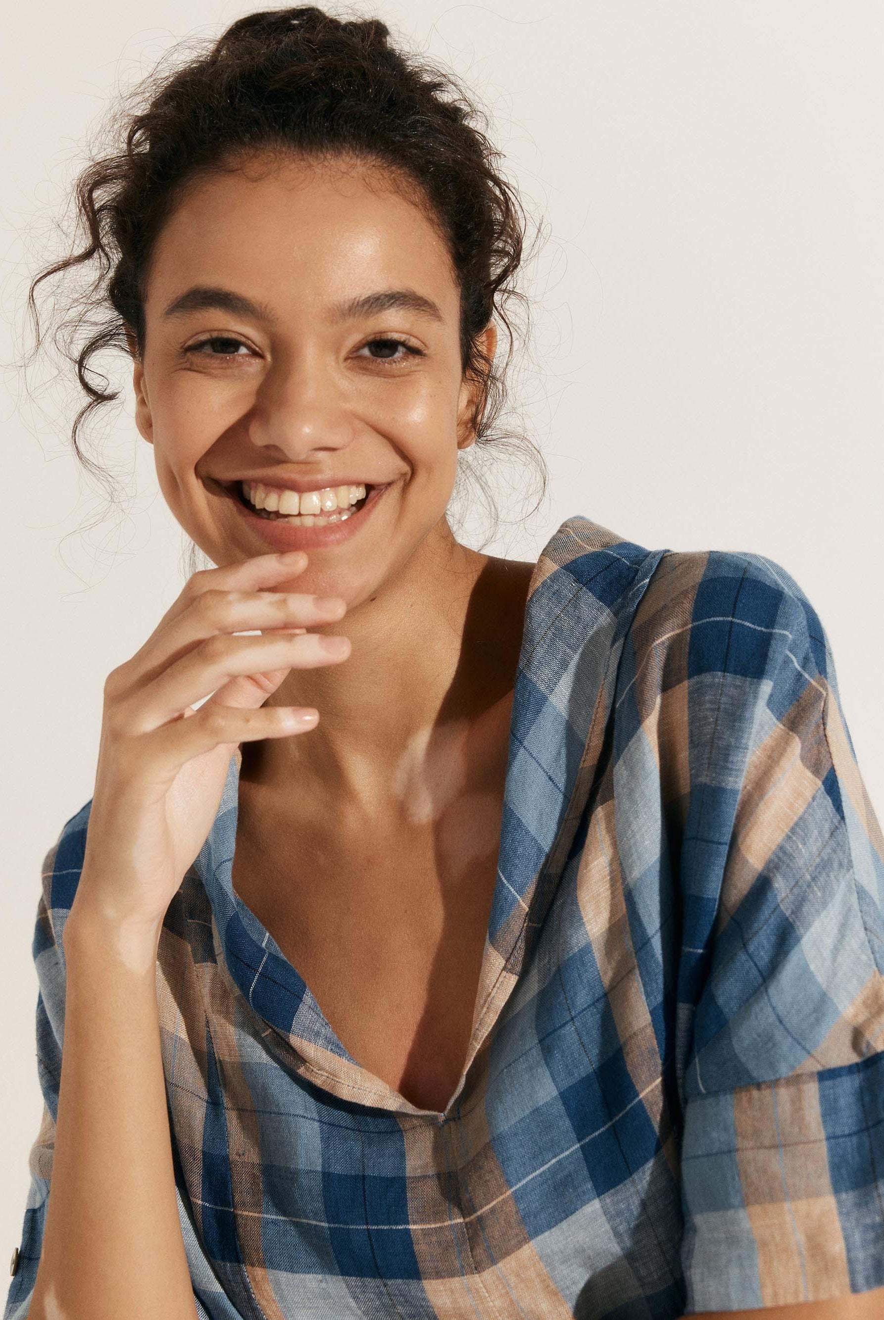 Linen V Neck Short Sleeve Shirt - TOPS-Linen Blouses