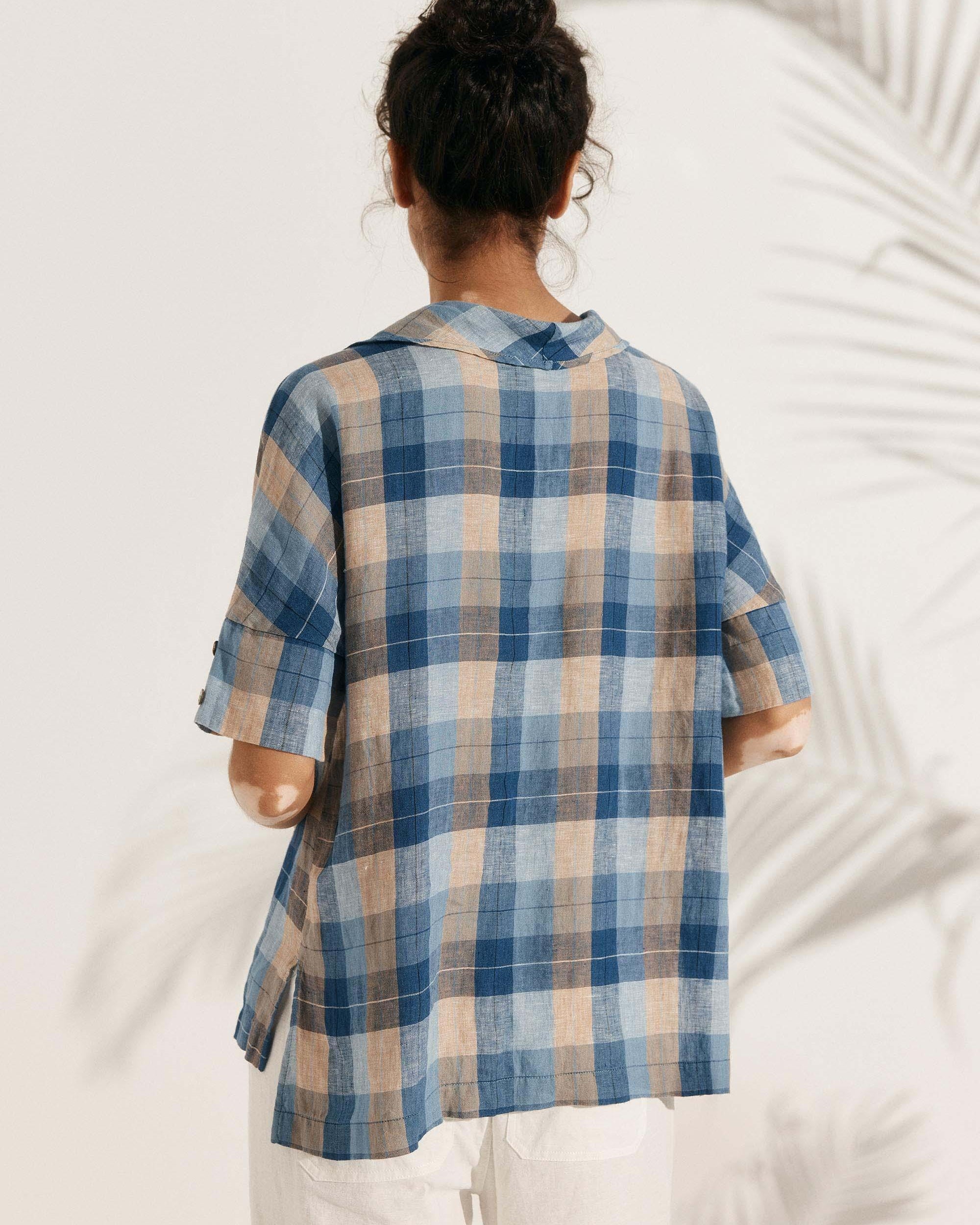 100% Linen V-Neck Short Sleeve Shirt SIERRA - TOPS-Linen Blouses