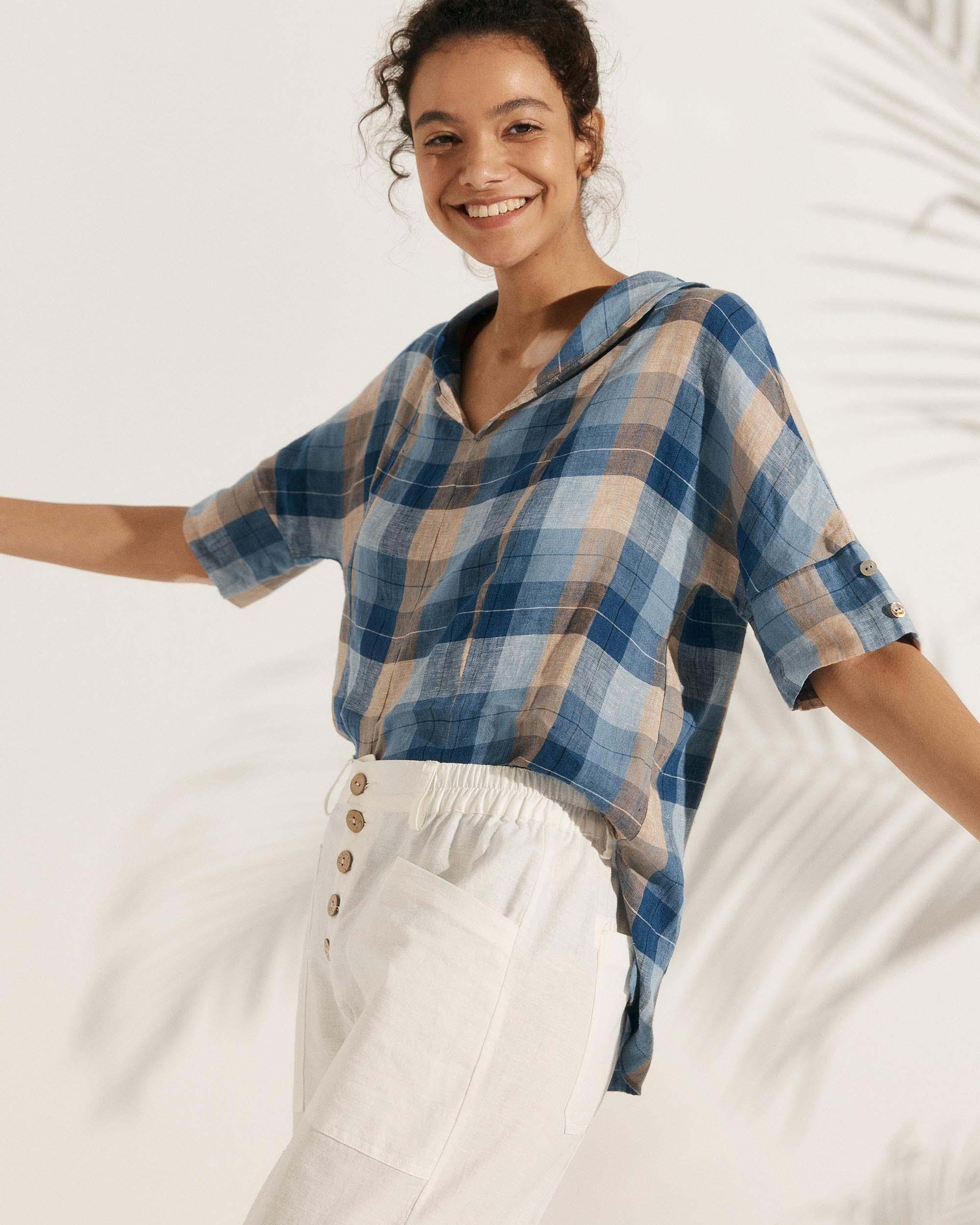 100% Linen V-Neck Short Sleeve Shirt SIERRA - TOPS-Linen Blouses