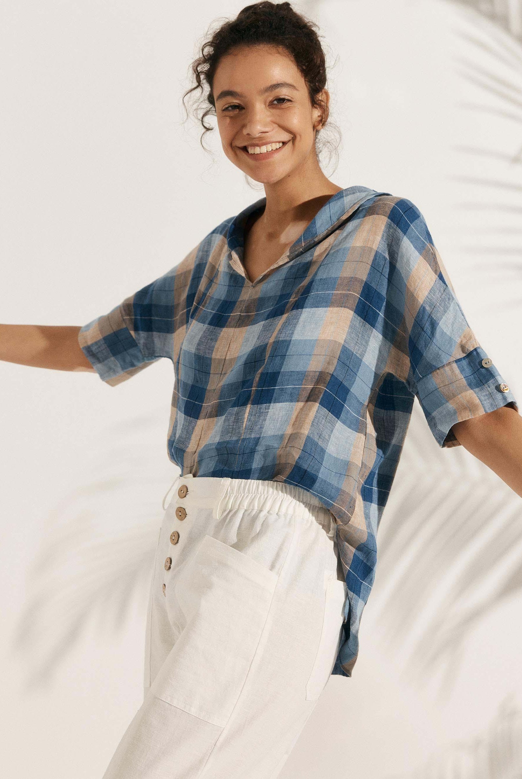 Linen V Neck Short Sleeve Shirt - TOPS-Linen Blouses