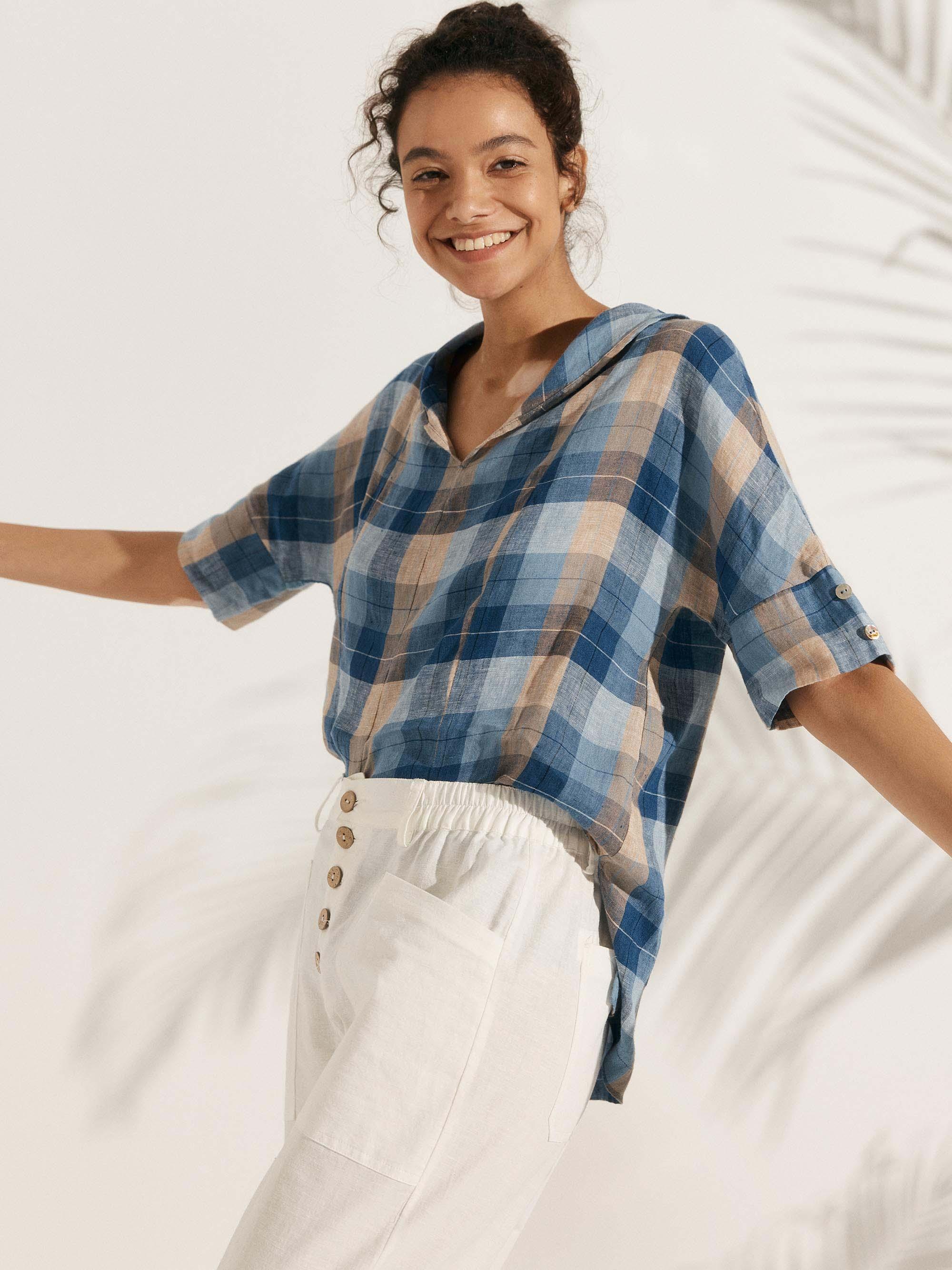 Linen V Neck Short Sleeve Shirt - TOPS-Linen Blouses