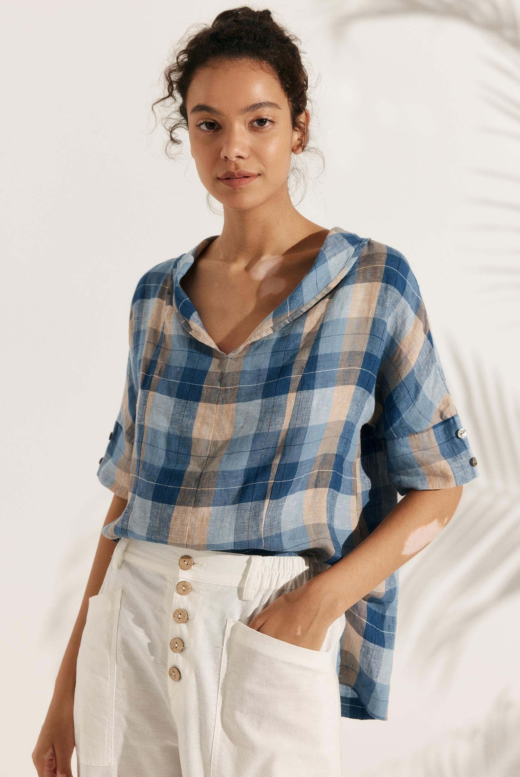 Linen V Neck Short Sleeve Shirt - Ocean Sunset Plaid / S - TOPS-Linen Blouses