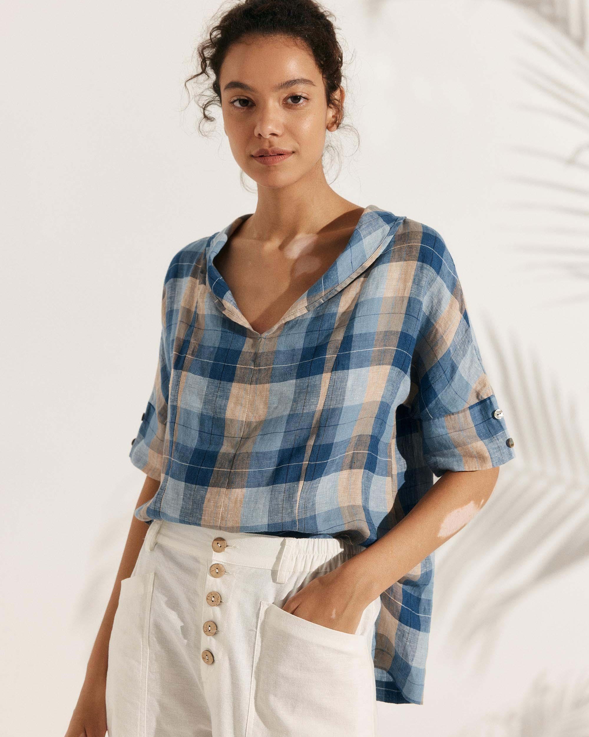 100% Linen V-Neck Short Sleeve Shirt SIERRA - Ocean Sunset Plaid / XS - TOPS-Linen Blouses